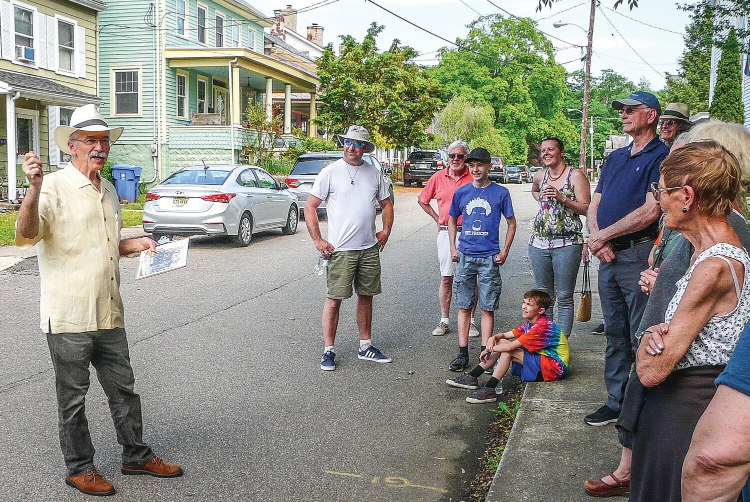 Rick Epstein, left, gives his “Bad Luck and Poor Choices Tour” in Frenchtown, N.J., Saturday.
