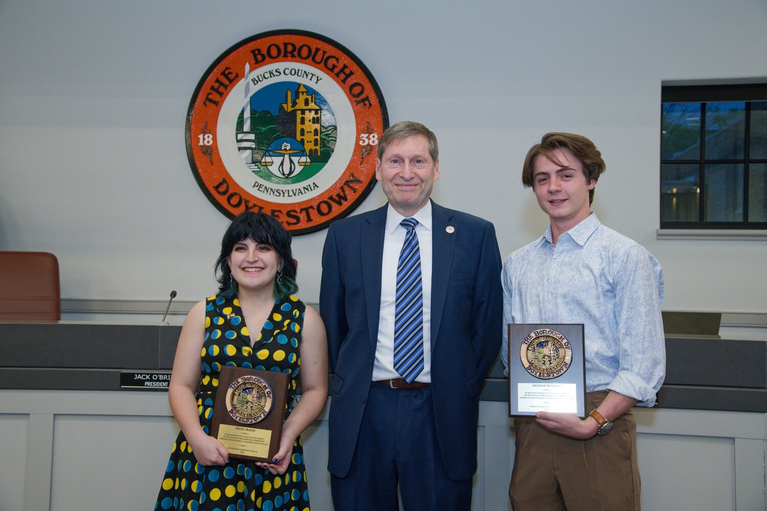 From left, Reese Grasso, Doylestown Borough Councilman Ben Bell, Jackson Manning pose for a photo after Bell named them the borough’s Youth Leadership Award recipients for 2023.