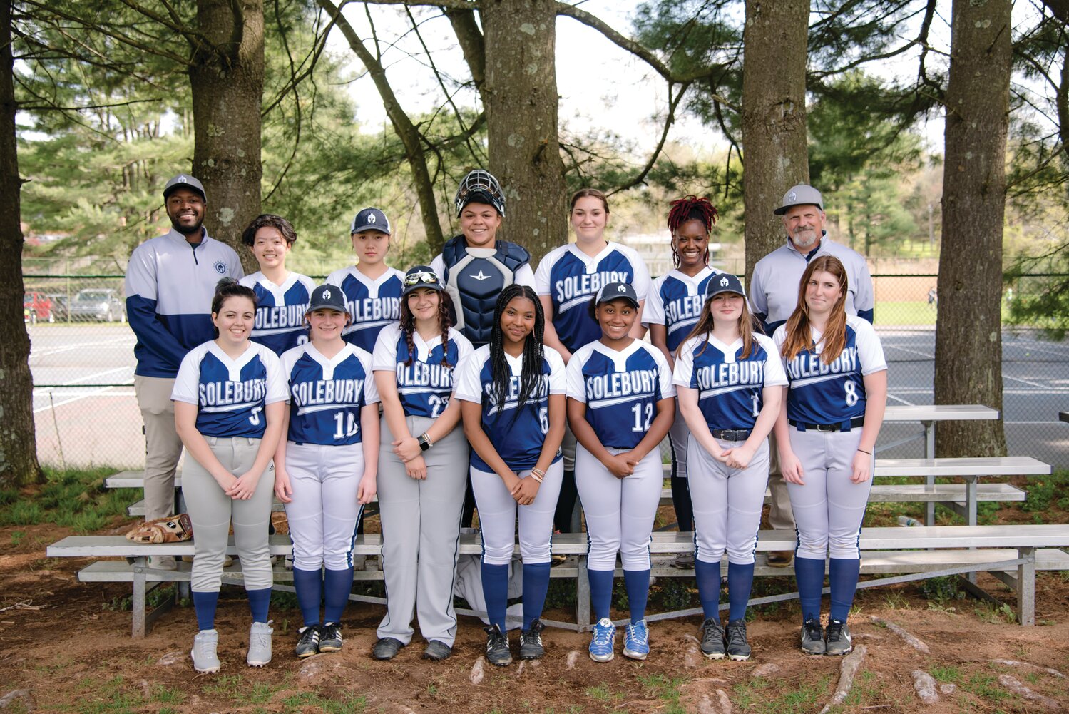 Solebury went 7-5 this season and earned a bye in the first round of the Penn-Jersey Athletic Association Softball Tournament. From left are: front row, Sabrina Stumpo, Bella Barrigh, Emi Armbruster, Naleli Copeland, Jordan Lane, Alexa Nichols and Mackenzie Costo; second row, assistant coach Keson Bullock-Brown, August Chen, Ulrica Wu, Sofia Allen, Libby Davis, Zy’Ira Redhead and head coach Don Kaplan.