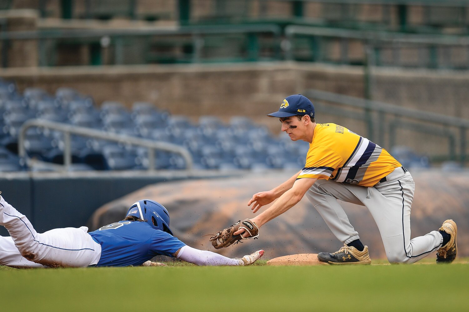 New Hope-Solebury shortstop Nate Wiseman, covering the bag at third, tags out South Hunterdon pinch runner Anthony Venettone, who over ran the bag in the first inning.