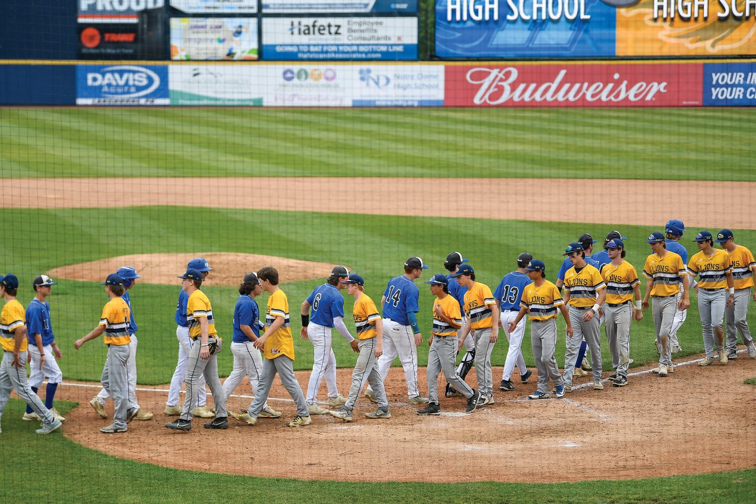 The teams shake hands at Trenton Thunder Ballpark after the 8-2 New Hope-Solebury victory.