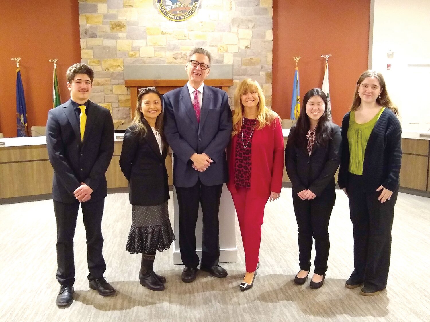 Rotary 4-Way Test winners Magnolia Demiri-Worman, Nicholas Mento and Olivia Cao with contest judges, Rotarian Katie Farrell, Warminster Rotary Club, Rose Yuan and Pat Rocchi, both of Toastmasters Doylestown. Missing from the photo is winner Lily Wu.
