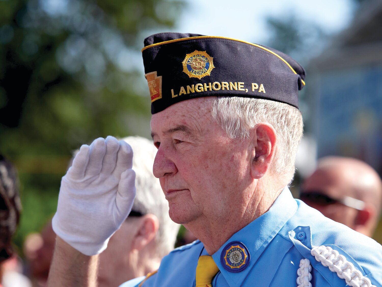 Past Post Commander Bob Osterhout, of Langhorne, during the national anthem at the  ceremony at Jesse W. Soby Post 148.