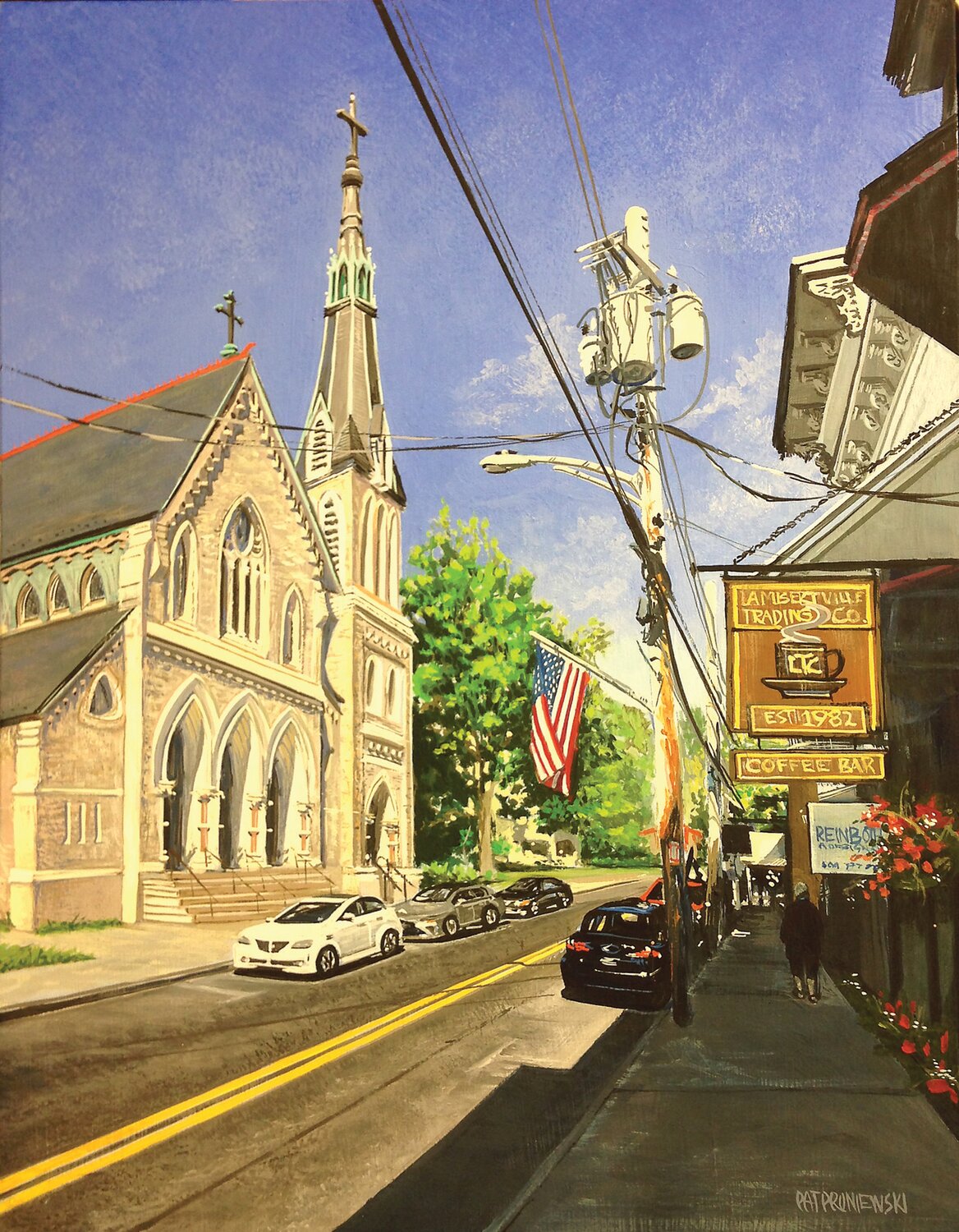 Strong sunlight picks out every architectural detail on the Lambertville church in “Bridge Street Stroll” and renders the opposite side of the street as a shadow world of darker values.