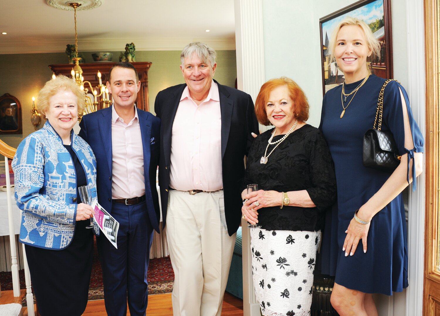 From left, Susan Kane, vice chair and treasurer of the Academy of Vocal Arts, Scott Guzielek, president and artistic director, Harold F. (Rick) Pitcairn, chairman of Academy of Vocal Arts board, board member Barbara Donnelly Bentivoglio, and Dr. Megan Sage pose for a photograph at Bentivoglio’s home.