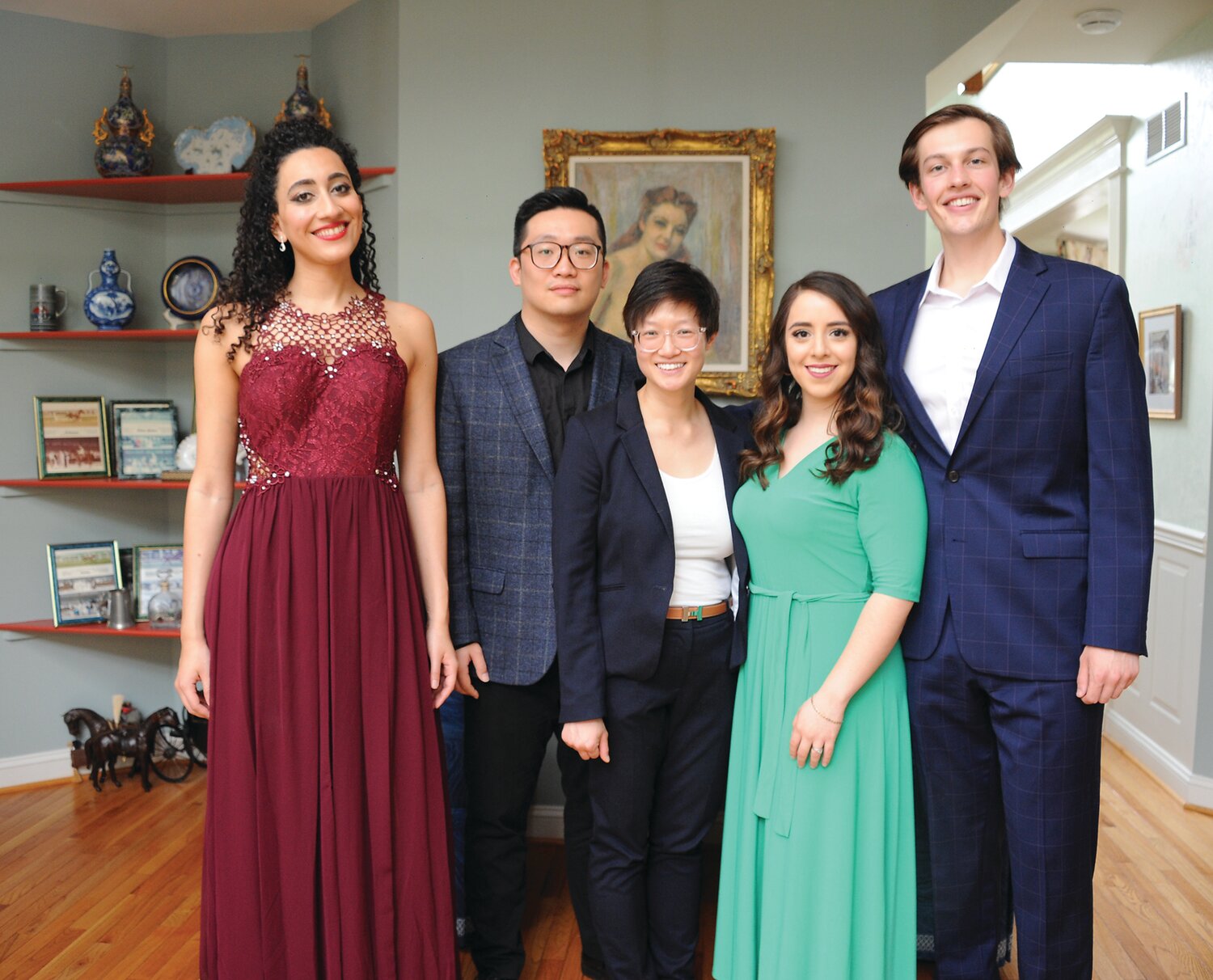 The fundraising cocktail party in Carversville featured resident artists of The Academy of Vocal Arts, from left, Monique Galvao, mezzo-soprano; Yue Wu bass-baritone; accompanying pianist Ting Ting Wong; Ethel Trujillo, soprano; and Matthew Goodheart, tenor.