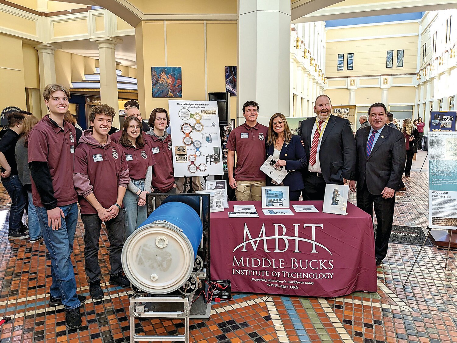 Middle Bucks Institute of Technology students recently brought their new invention, a collapsible hide tumbler, to Harrisburg. Hide tumbling is an important process in preserving a wide selection of bird specimens for research.