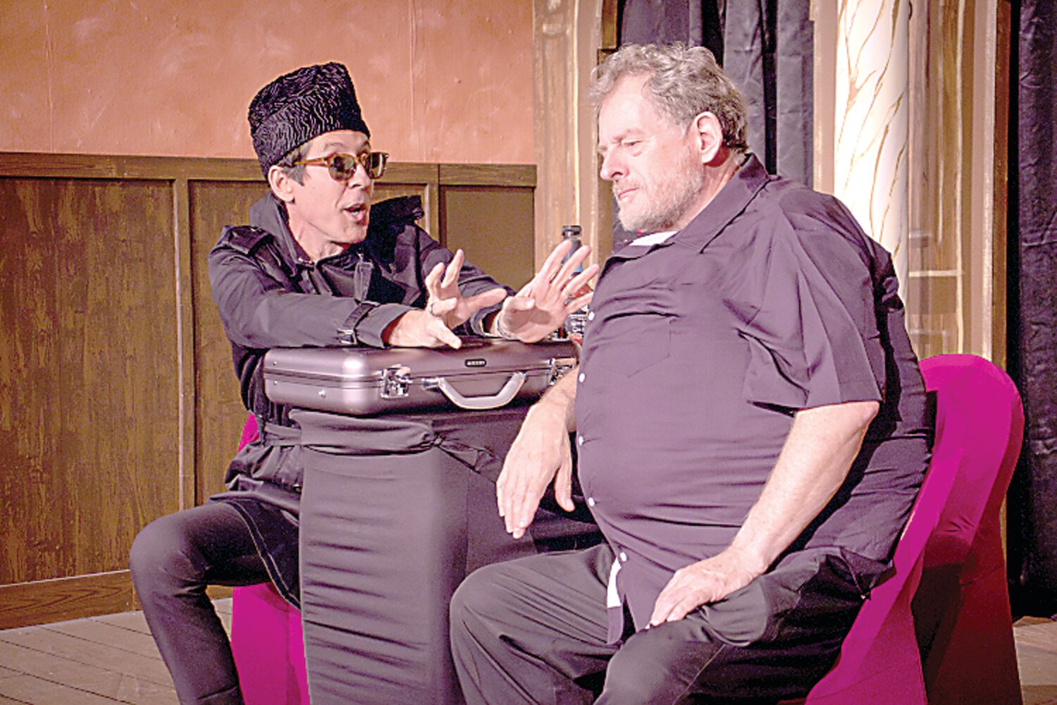 Joseph Torsella, left, and Rupert Hinton rehearse for the ActorsNET take on “The Merry Wives of Windsor” by William Shakespeare.