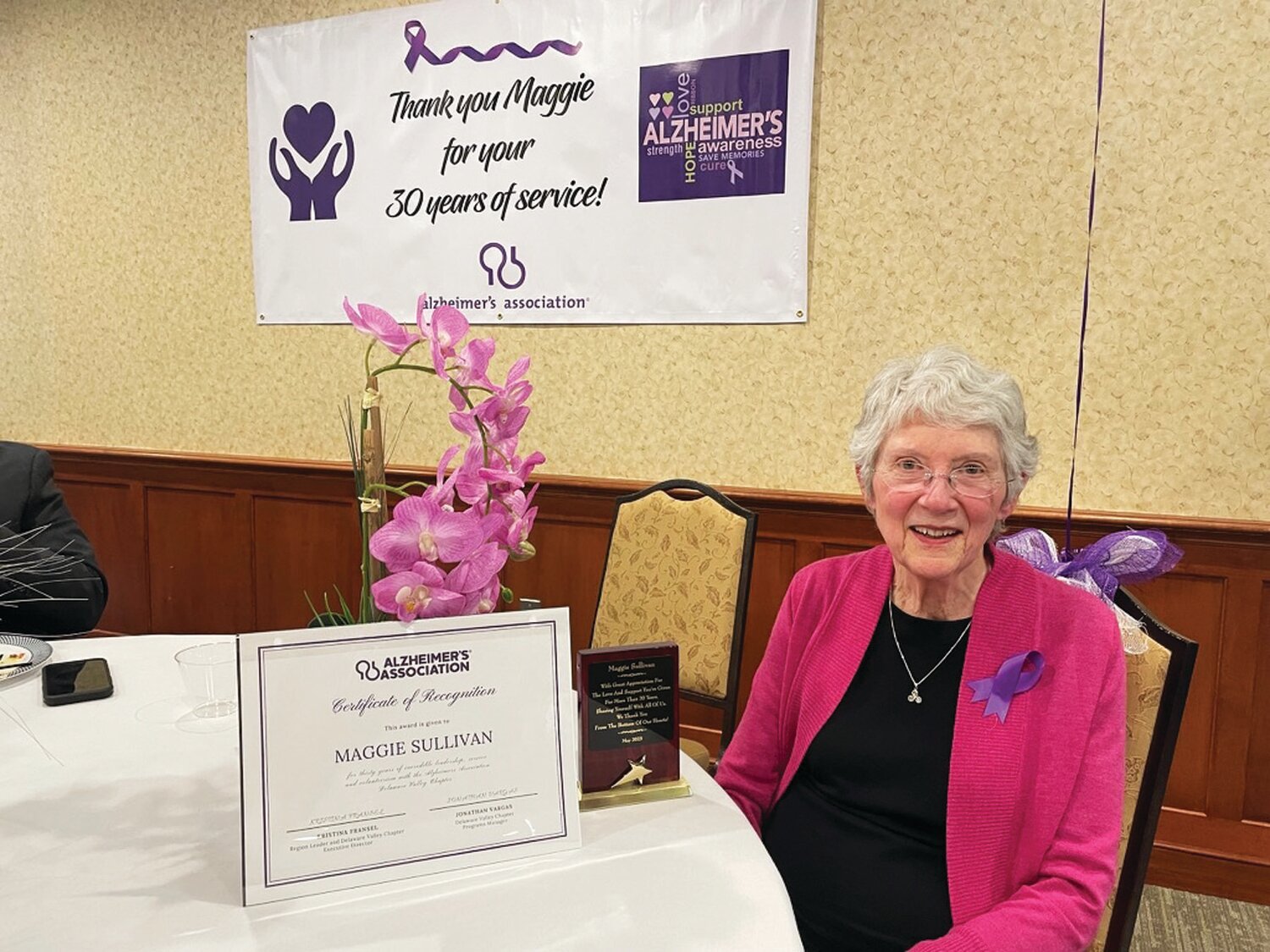 Maggie Sullivan was recently honored with an award from the Delaware Valley Chapter of the Alzheimer's Association for her 30 years of service.