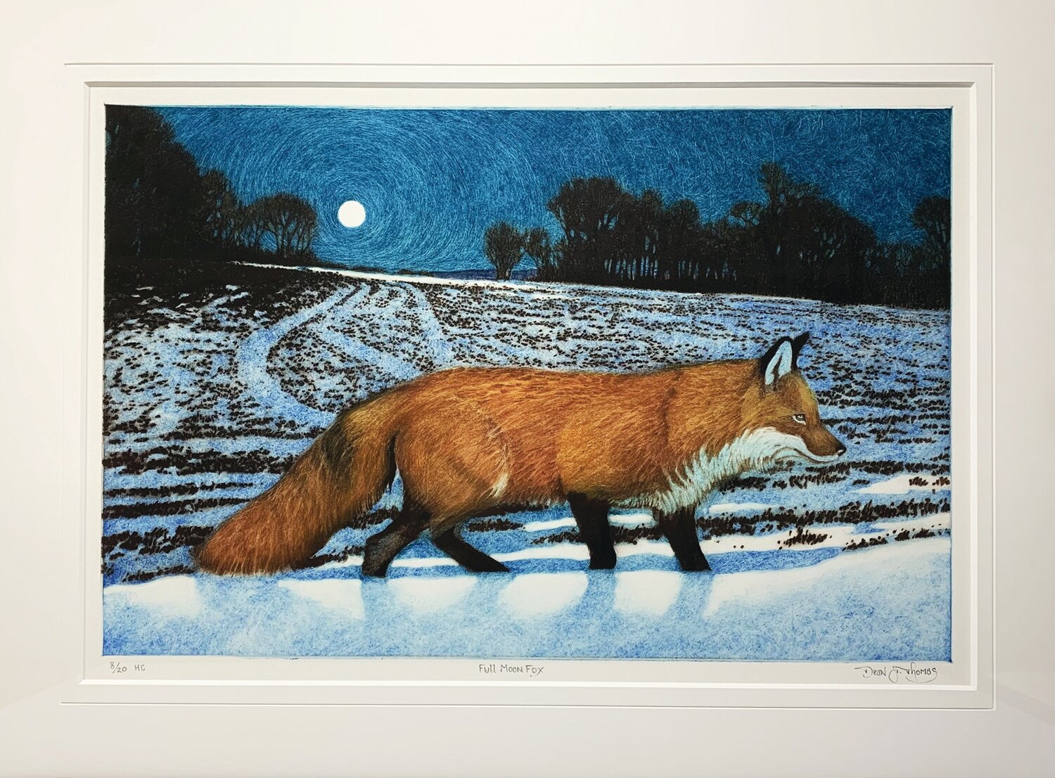 “Full Moon Fox” by Dean Thomas, a drypoint engraving, was featured in the 2022 Juried Art Show at Phillips’ Mill.