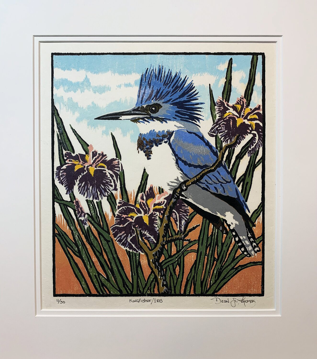 “Kingfisher/Iris” by Dean Thomas, is a color woodcut.
