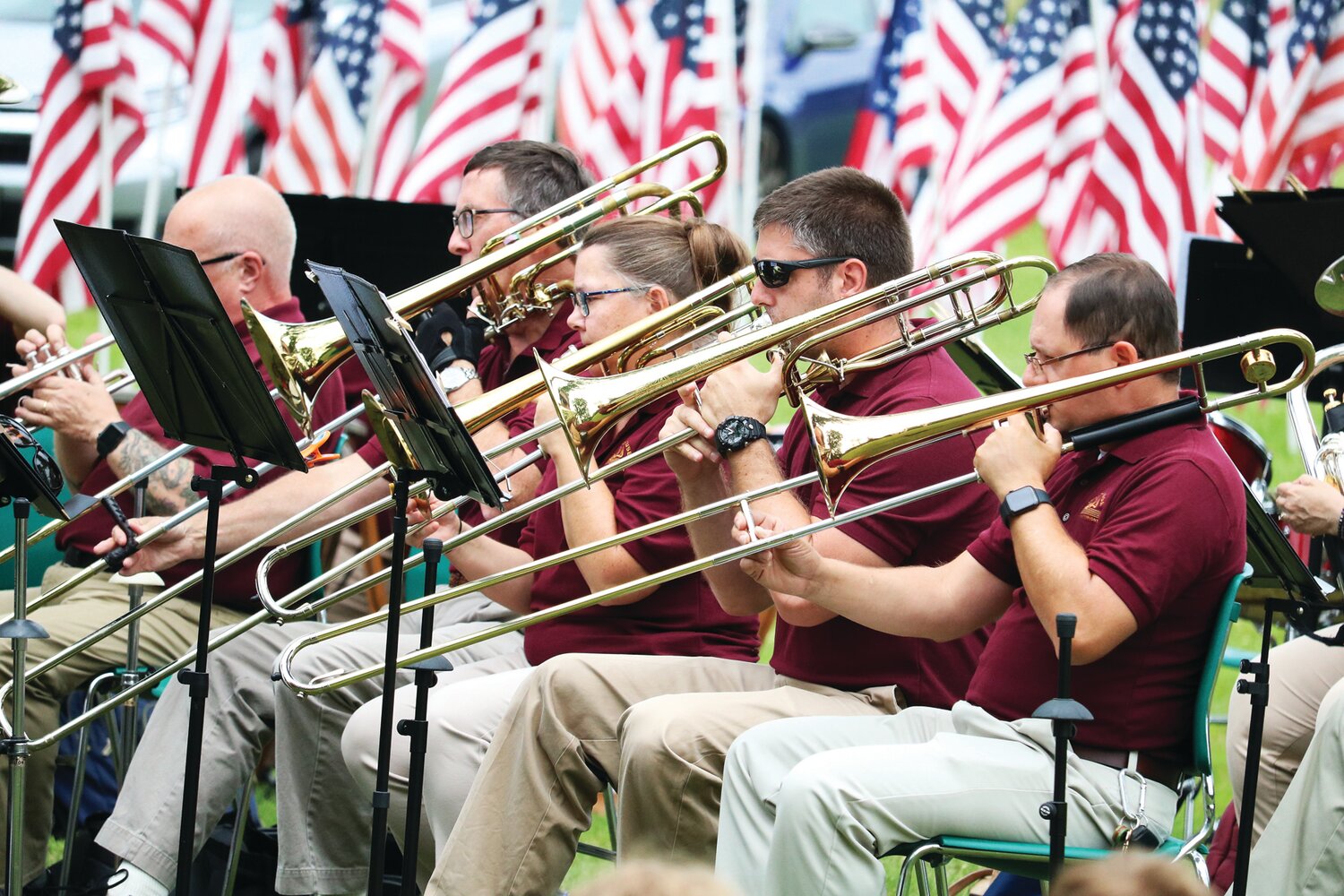 The trombones of the Whitehouse Wind Symphony play at a previous performance at the Field of Honor in Bedminster.