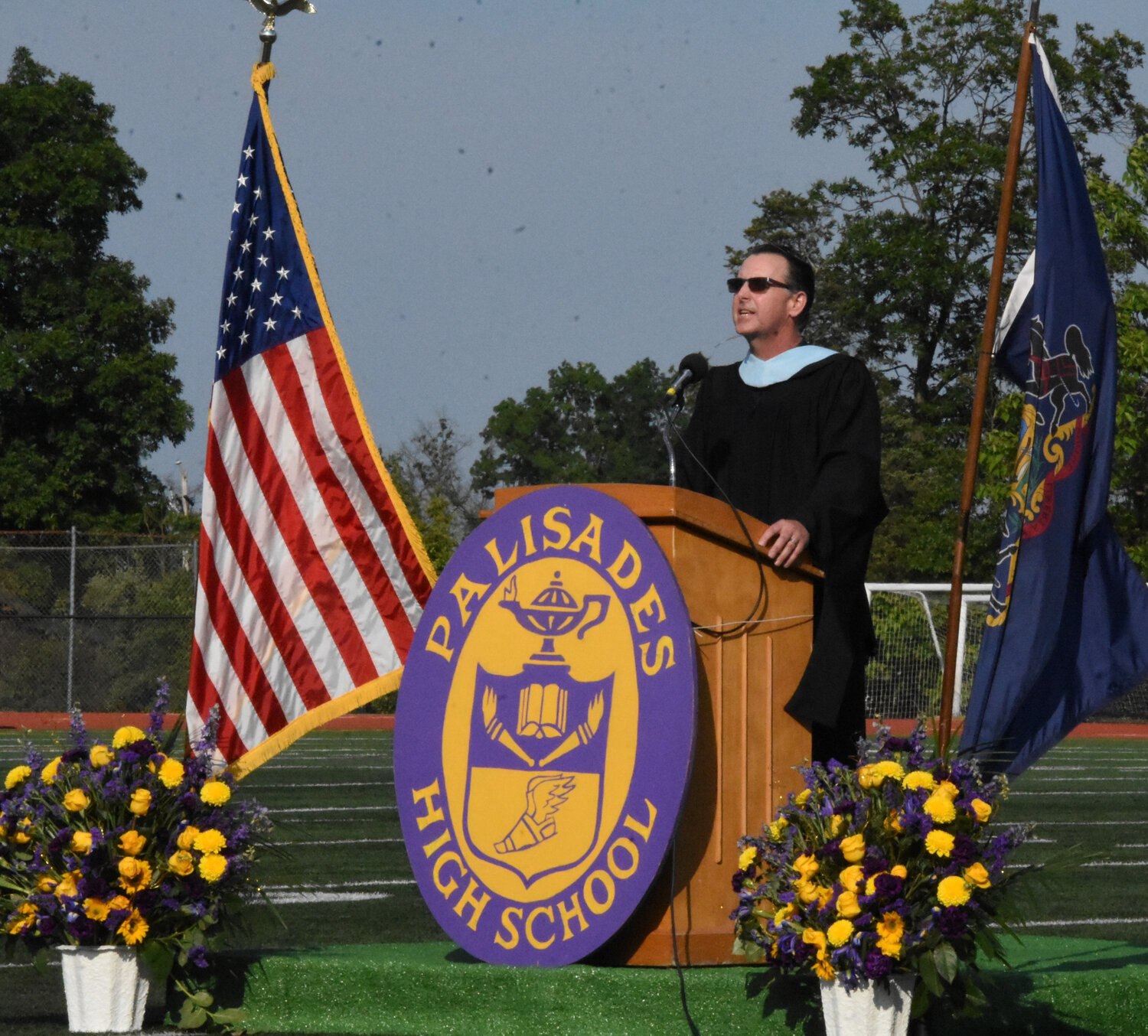 Palisades High School Principal Richard J. Heffernan Jr. addresses the Class of 2023 during the June 2 graduation ceremony at Walter T. Rohrer Stadium.