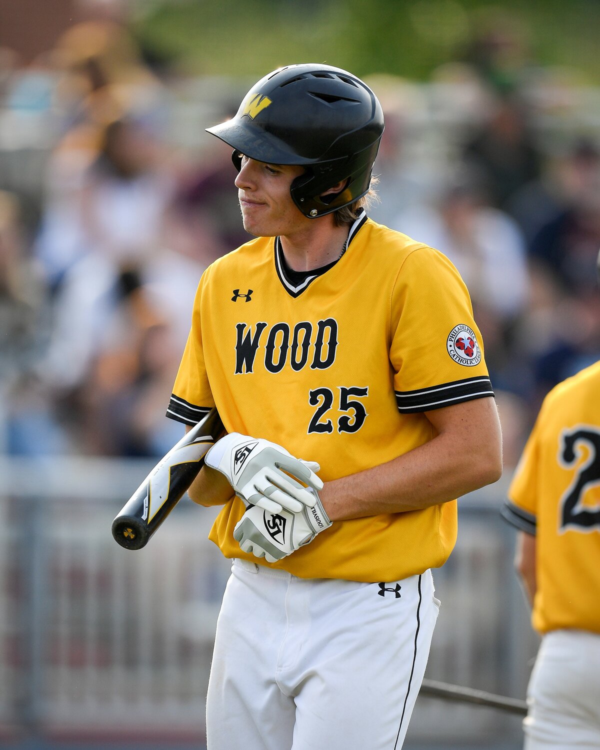 Archbishop Wood’s Jared Uzdzienski shows his frustration after going down on strikes in the top of the seventh inning.