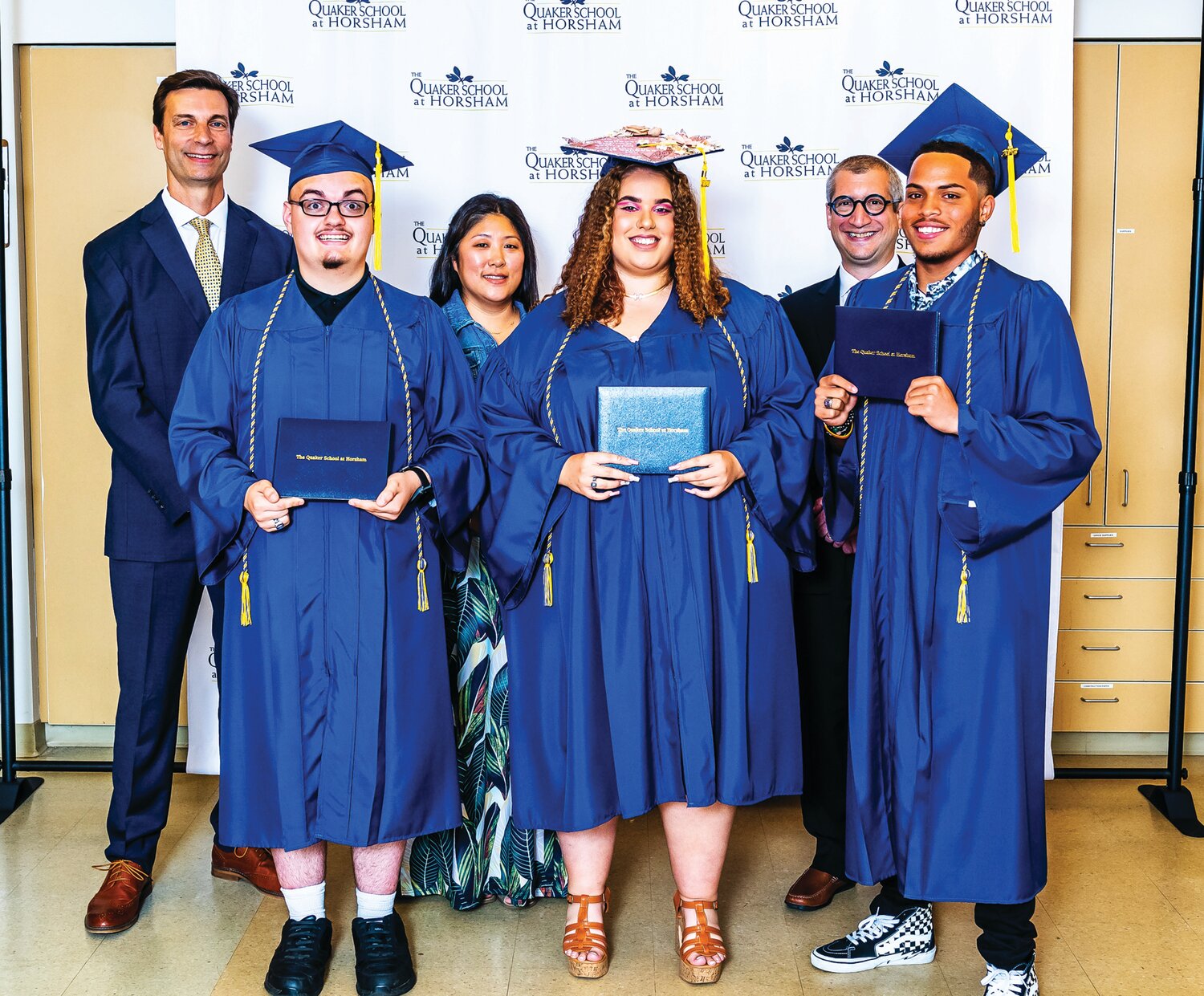 The Quakertown School at Horsham graduates  and staff, from left: back row,  Rich Marchini, Upper School director; Miyoung Glenn, assistant head for student affairs; Alex Brosowsky, head of school; front row, Howard Reichert, Brittany Gonzalez and Nyzier Brabham.