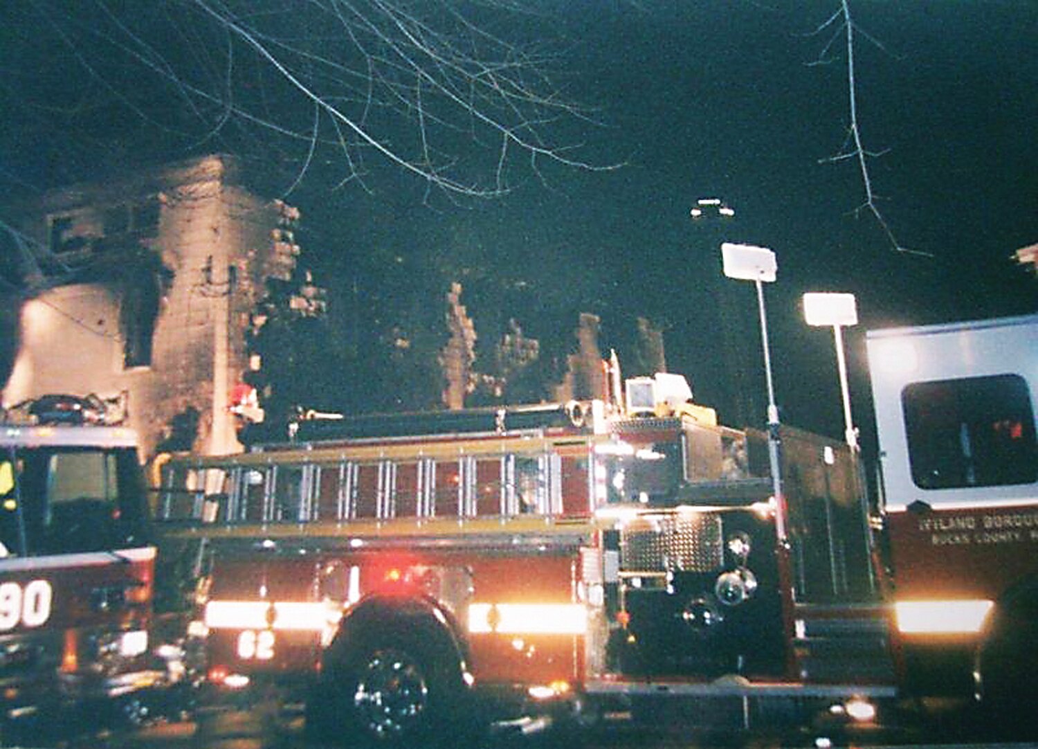 Seventy firefighters from five companies responded to a devastating fire at the borough hall on Jan. 5, 1998. Heat from the blaze even melted plastic on one of the fire truck’s lights.