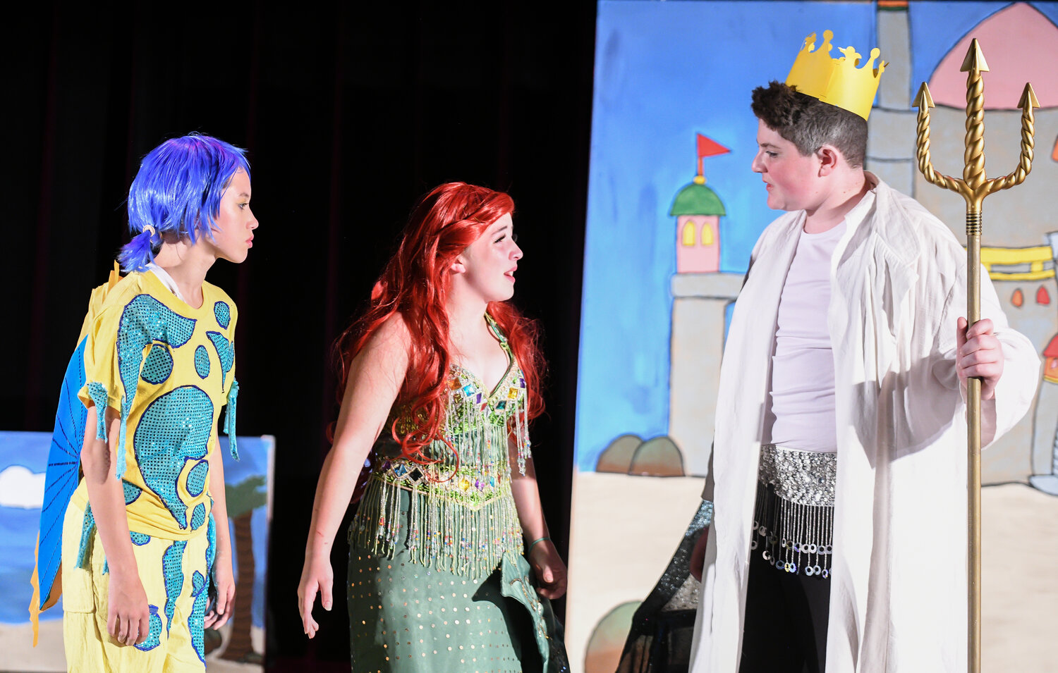 Players in the production of The Little Mermaid perform on stage as part of the Solebury StarCatchers Theater and Scenic Arts Camp Cathy Block, Rebecca Wilschutz and Wendy Erholm co-direct the camp.