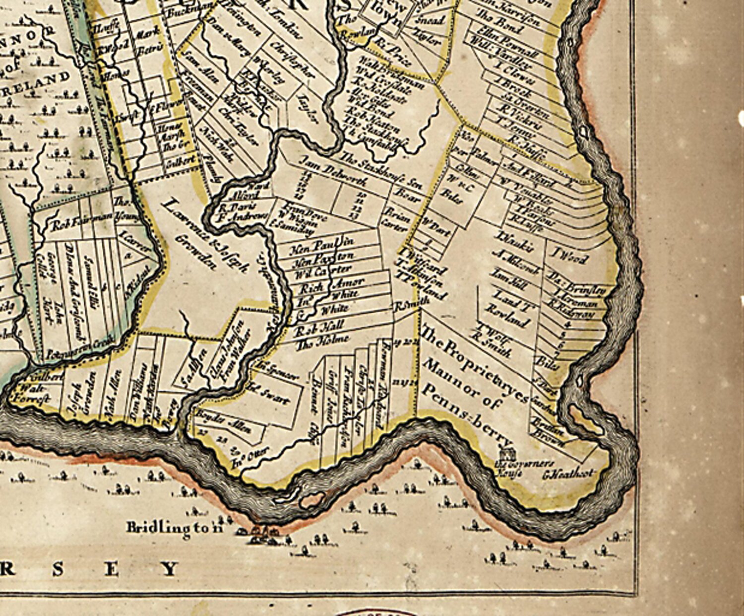 Thomas Holme’s 1687 map of the province of Pennsylvania includes, by  name, the property owners and the approximate location of their land.