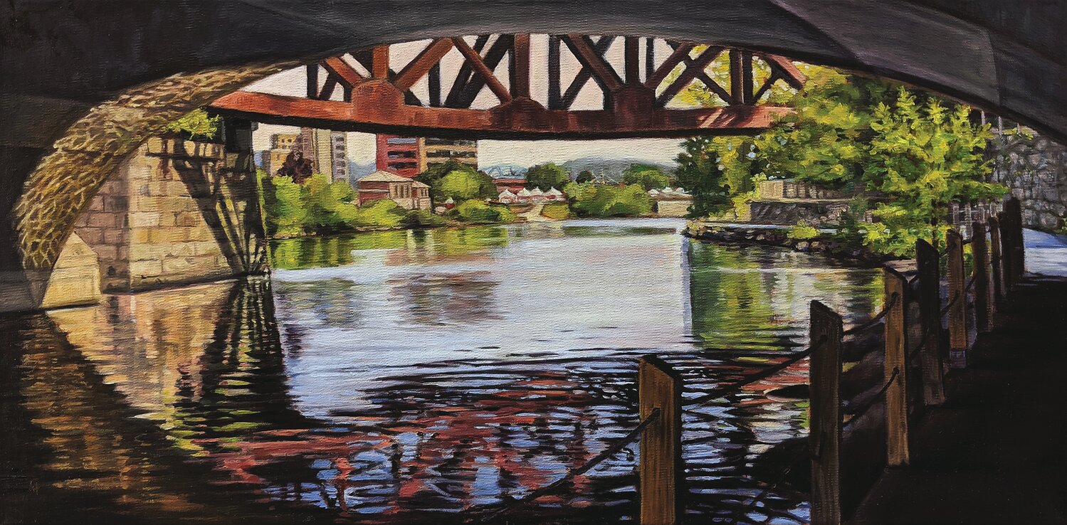 Christi Hetrick’s Four Bridges (oil on linen canvas) uses a unique vantage point from under a bridge looking toward the city of Easton, with white festival tents dotting the background. Can you find all four bridges?
