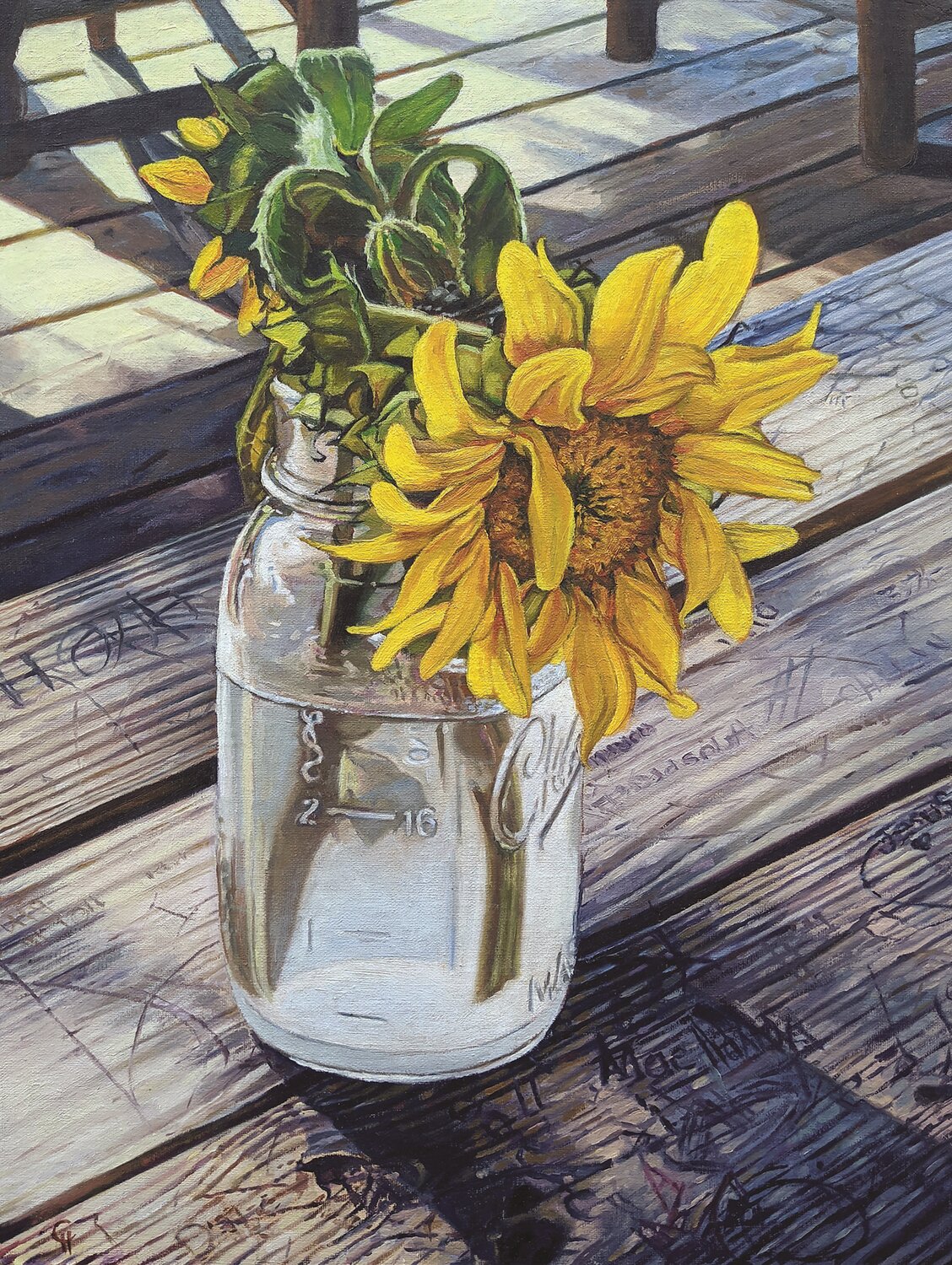 Christi Hetrick’s oil painting, Good Morning Sunshine (oil on linen panel), invites viewers to think about all the people who had carved the graffiti near her sunflowers.