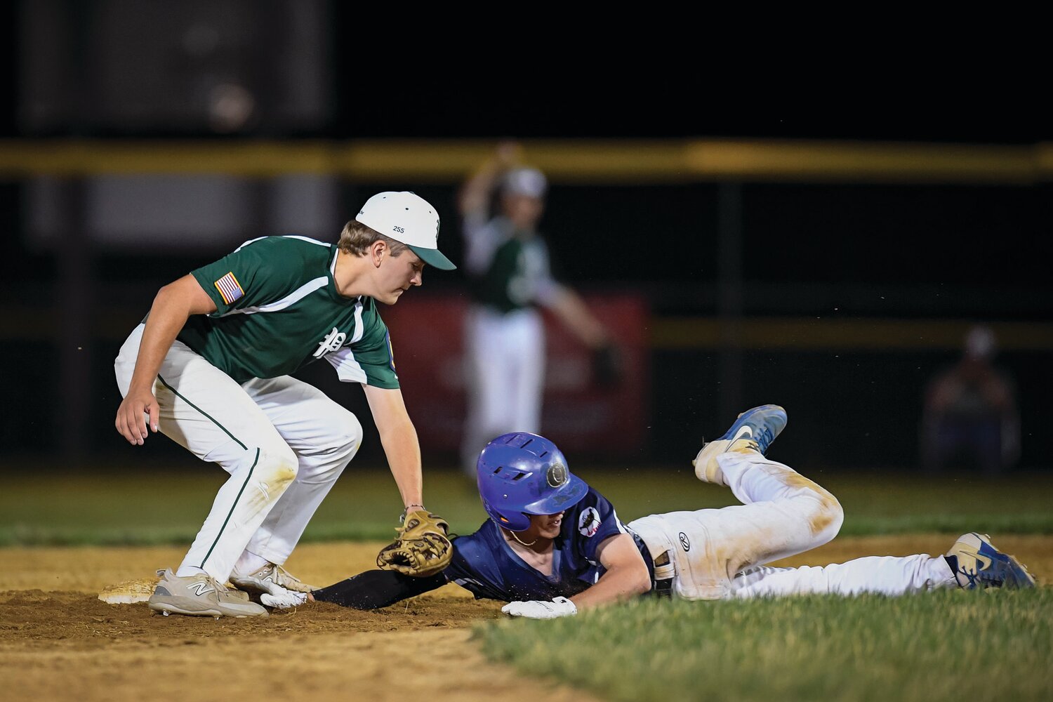 Pennridge’s second baseman Garrett Navitsky tags out Quakertown’s Brayden Schuler after trying to steal in the top of the sixth inning.