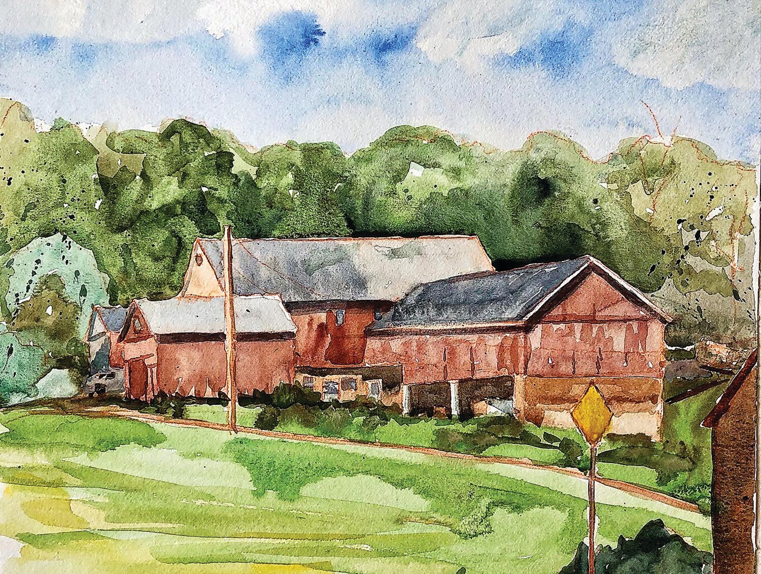 “Barns on the Hill” is a watercolor by Sue Ann Rainey.