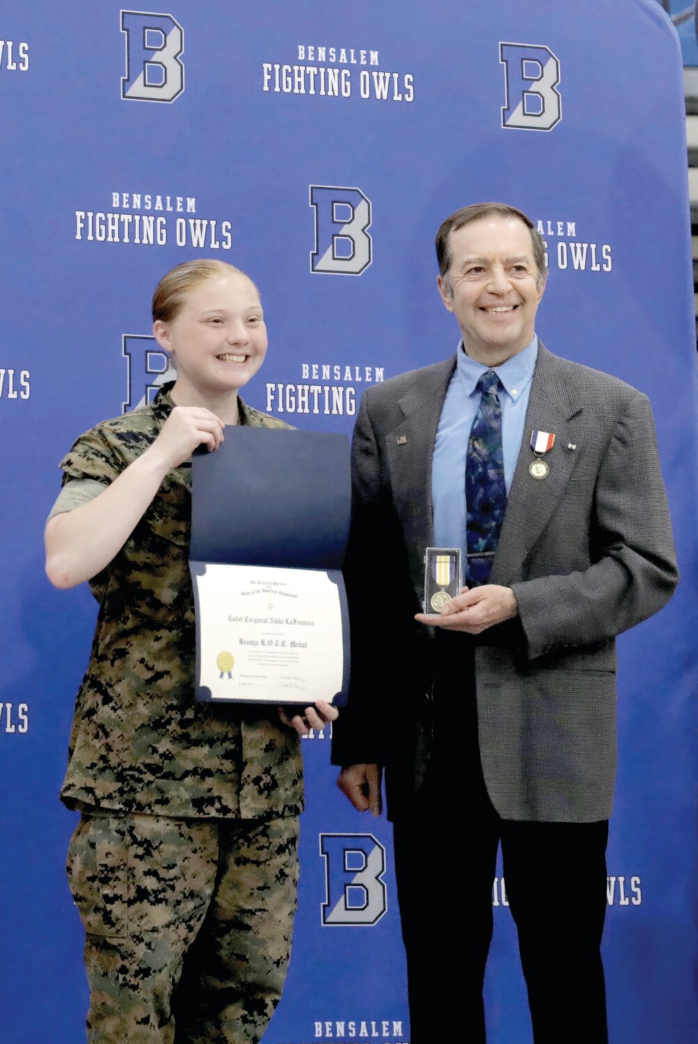 Cadet Sgt. Nikki LaFontano was recognized by the Washington Crossing Chapter Sons of the American Revolution.