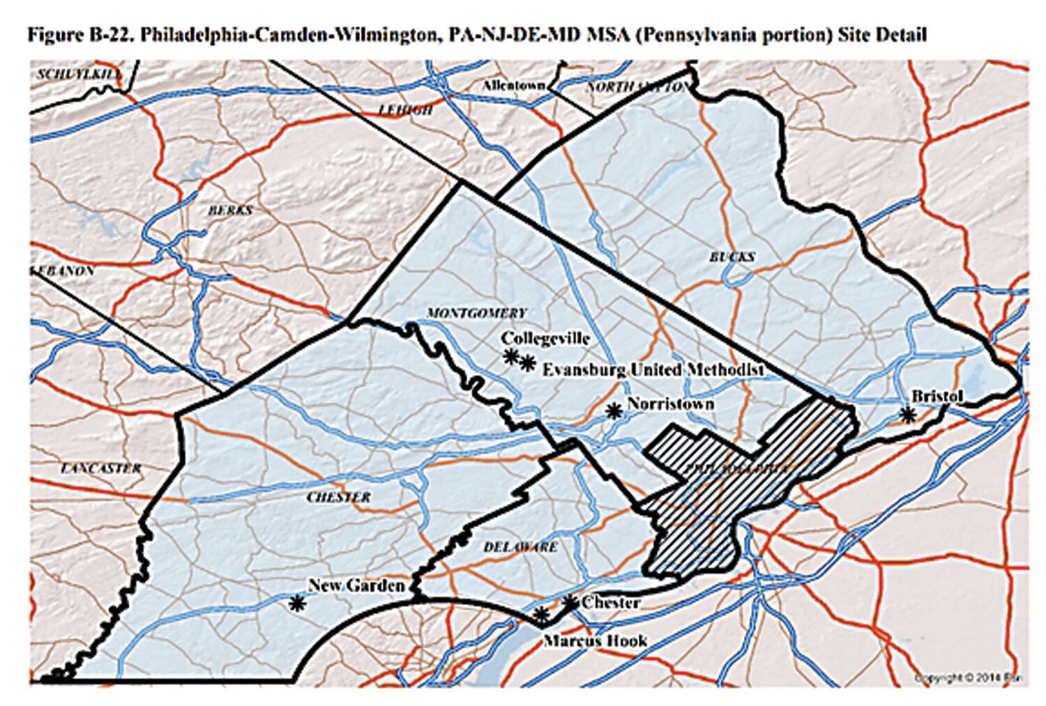 A graphic from the American Lung Association’s most recent “State of the Air” report shows the location of Bucks County’s only ozone monitor. Its proximity to Philadelphia and the direction of the prevailing winds may play a role in Bucks’ failing ozone grades.