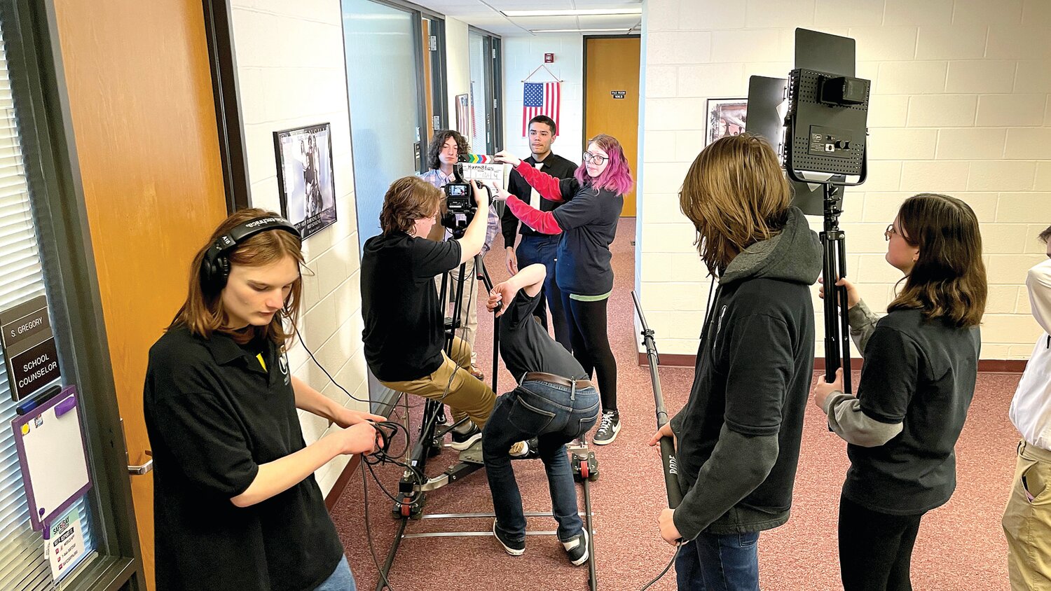 Multimedia technology students from Middle Bucks Institute of Technology during production for the Greenfield Youth Film Festival.