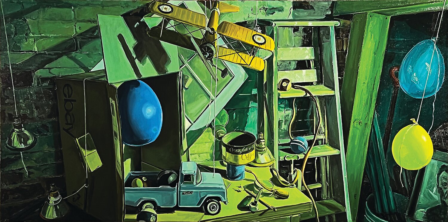 “The Work Party: Biplane and Blue Truck in Green,” by David Orban of Hamilton, N.J., was named Best in Show for Ellarslie Open 40.