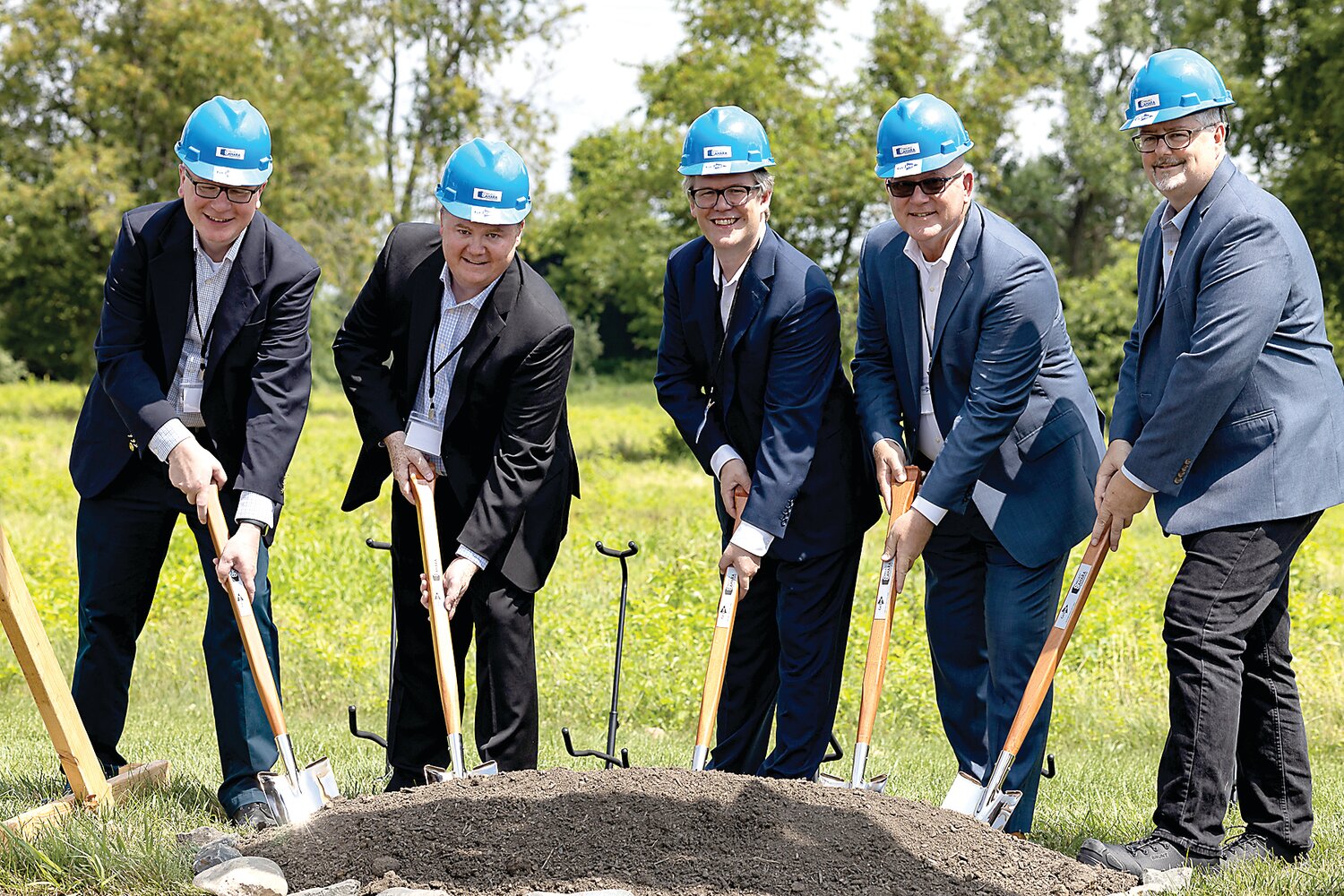 At the groundbreaking for Gelest, Inc.’s latest production facility are, from left, Neville Lockwood, senior vice president, operations, Gelest; Edward Kimble, executive vice president, Gelest; Dr. Jonathan Goff, Gelest president; John Duncan, vice president and director of operations for Barr & Barr; and Thomas Scally, senior director, architecture at PS&S.