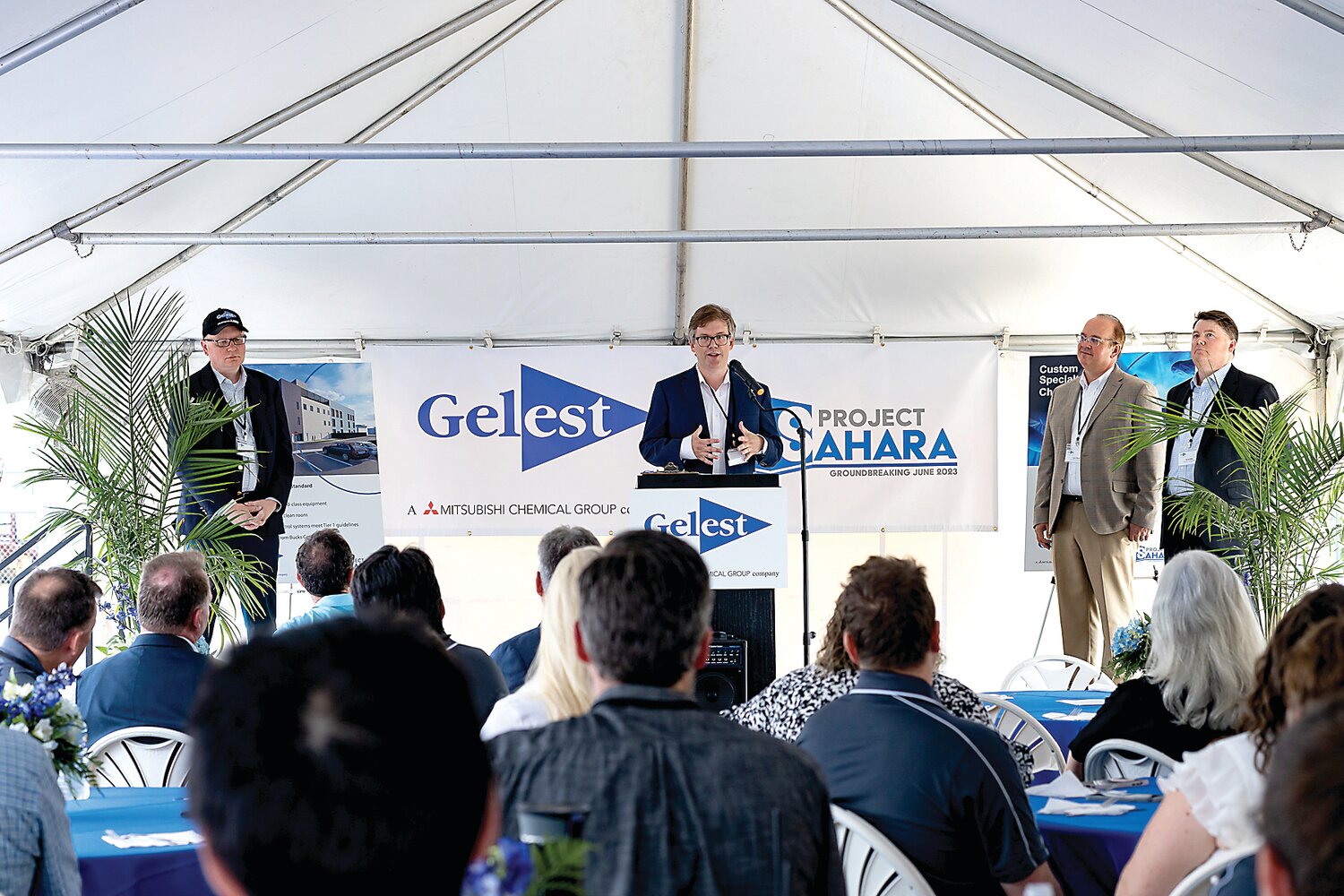 Dr. Jonathan Goff, Gelest president, discusses the company’s strengths and outlook at the groundbreaking celebration for its latest production facility, which will enhance Gelest's production capabilities by supporting a diverse range of customer applications from microelectronics and medical devices to advanced thermal coatings and mobility. From left are Gelest’s Neville Lockwood, senior vice president, operations; Dr. Goff, Tom Moor, vice president, finance, and Edward Kimble, executive vice president.
