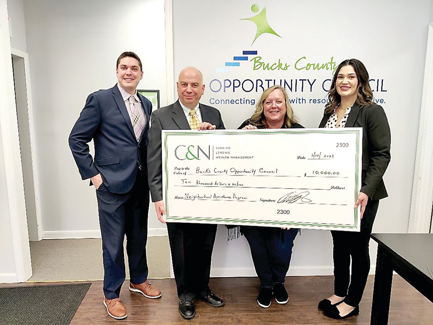 From left are M. William Kadri, VP/regional personal banking manager, C&N; Joseph Cuozzo, director of development, Bucks County Opportunity Council; Erin Lukoss, CEO/executive director, Bucks County Opportunity Council; Alayna Lopez, business banking specialist, C&N.