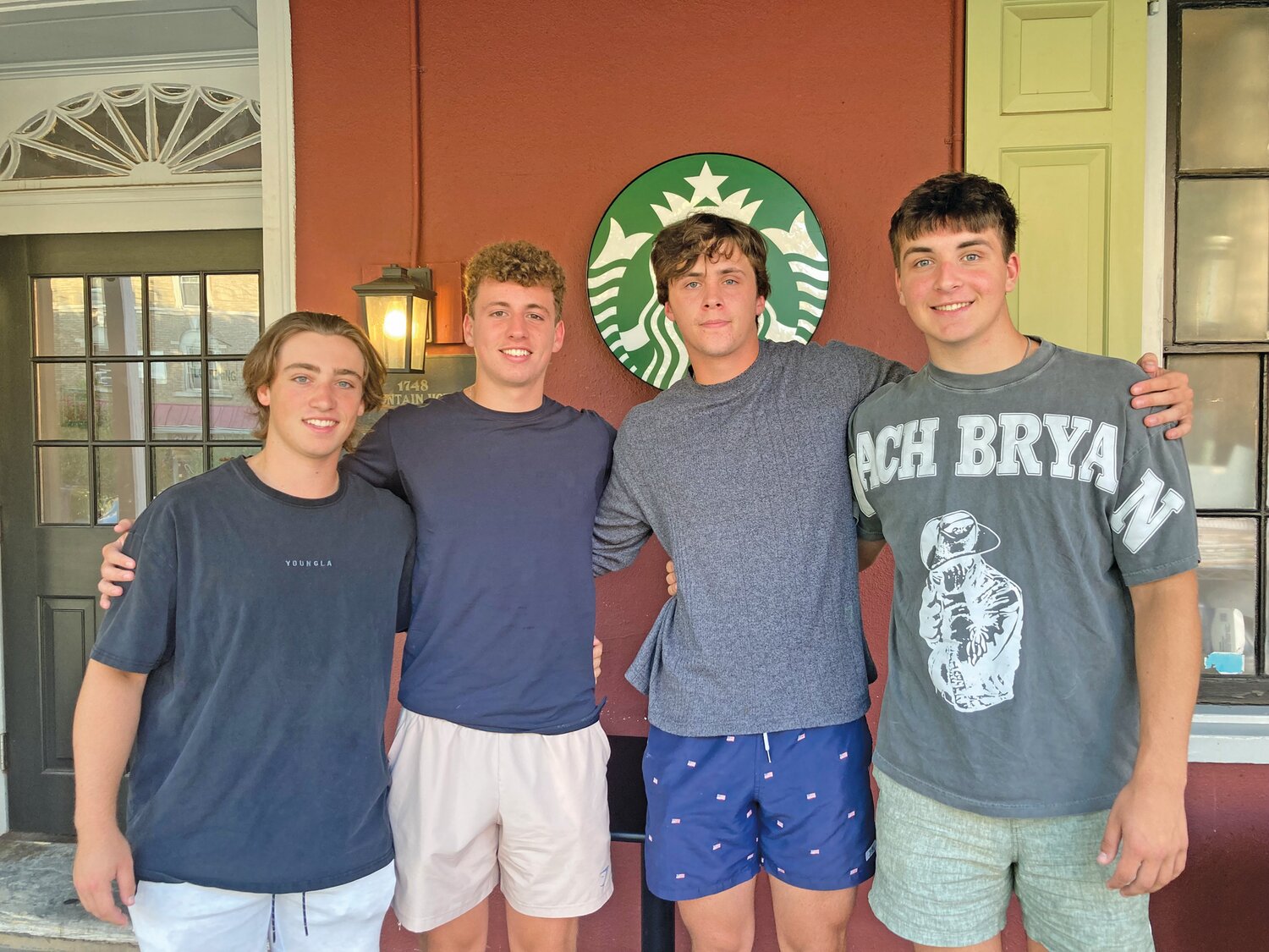 Central Bucks West baseball players, from left, Julio Ermigiotti, Kevin Bukowski, Luke Birkhead and Jonathan Mason at a Starbucks in Doylestown, where they talked about how much their late friend Dominic Testani meant to them and to their record-breaking 2023 season.