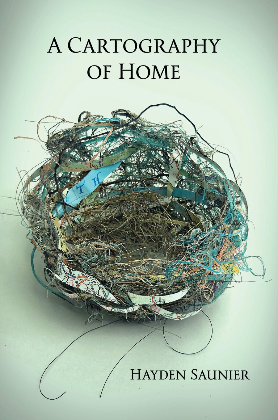 Hayden Saunier created the cover art for her most recent book by embellishing a nest with slivers of maps, blue baling twine, and other found bits. Readers can sample her work here: www.haydensaunier.com.
