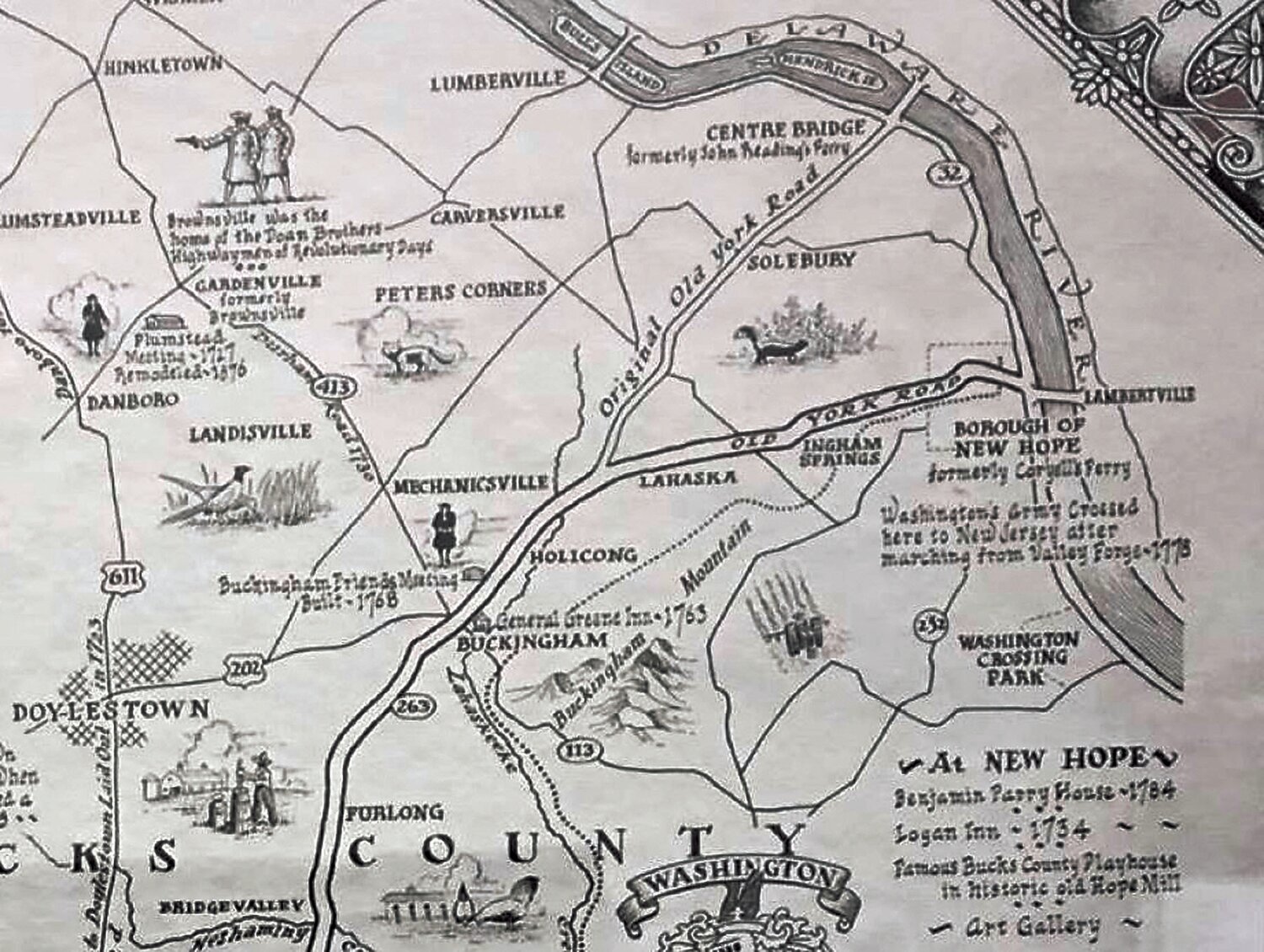This 1941 map shows where the original Old York Road reached the Delaware River in Centre Bridge (formerly John Reading’s Ferry) and the rerouted Old York Road, which passed instead through New Hope Borough.