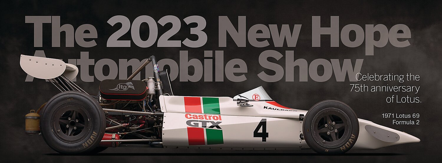 The promotional poster for the 2023 edition of The New Hope Automobile Show features a 1971 Lotus Type 69 Formula 2 race car.