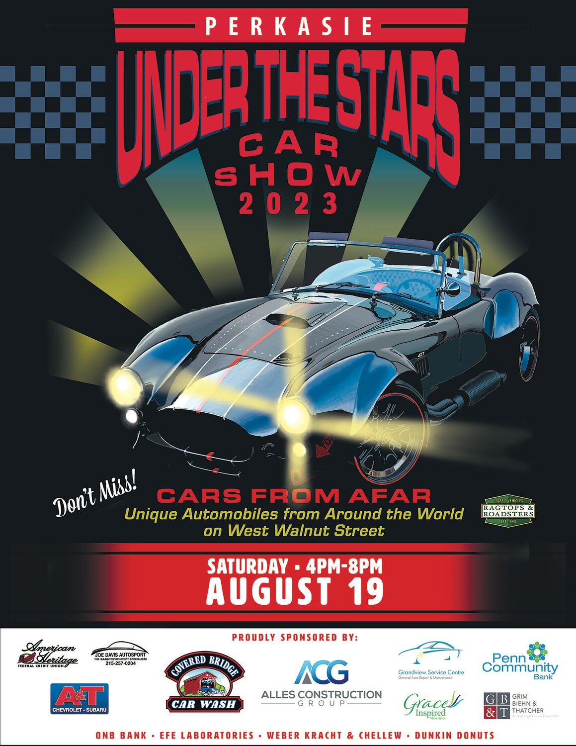 The Perkasie “Under the Stars Car Show” poster features the 2023 Mayor’s Choice winner, a 1965 Shelby Cobra.