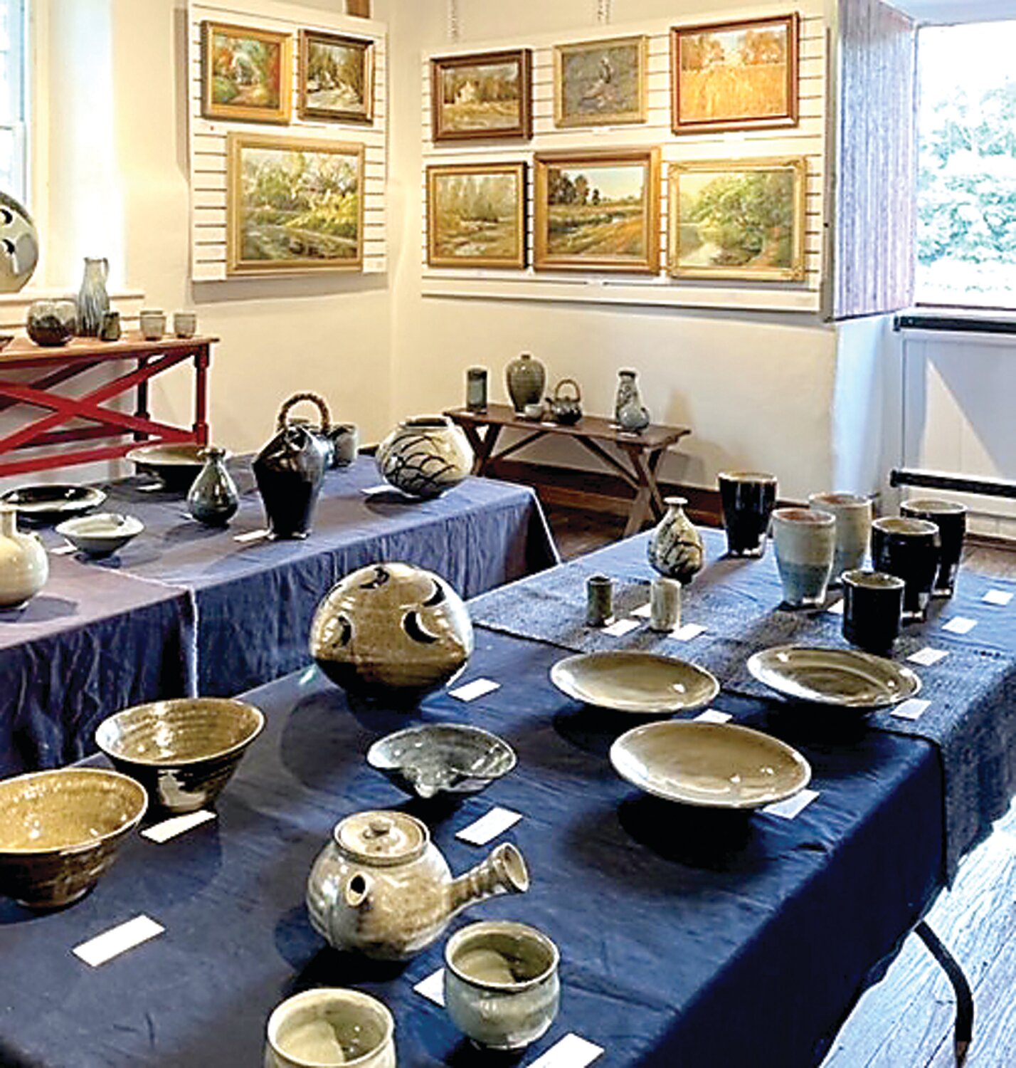 Dot Bunn’s paintings and Willi Singleton’s pottery are on view at the Stover Mill Gallery, weekends in August.