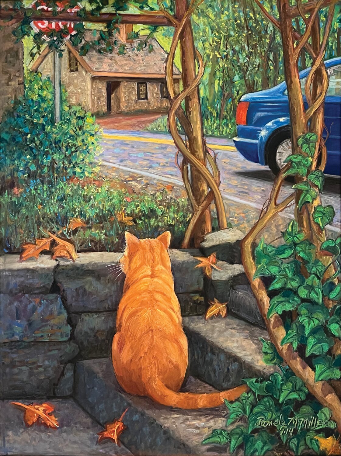 “The Party Cat at Phillips’ Mill” by Pamela Miller, the 2023 Signature Image for the 94th Phillips’ Mill Juried Art Exhibition.