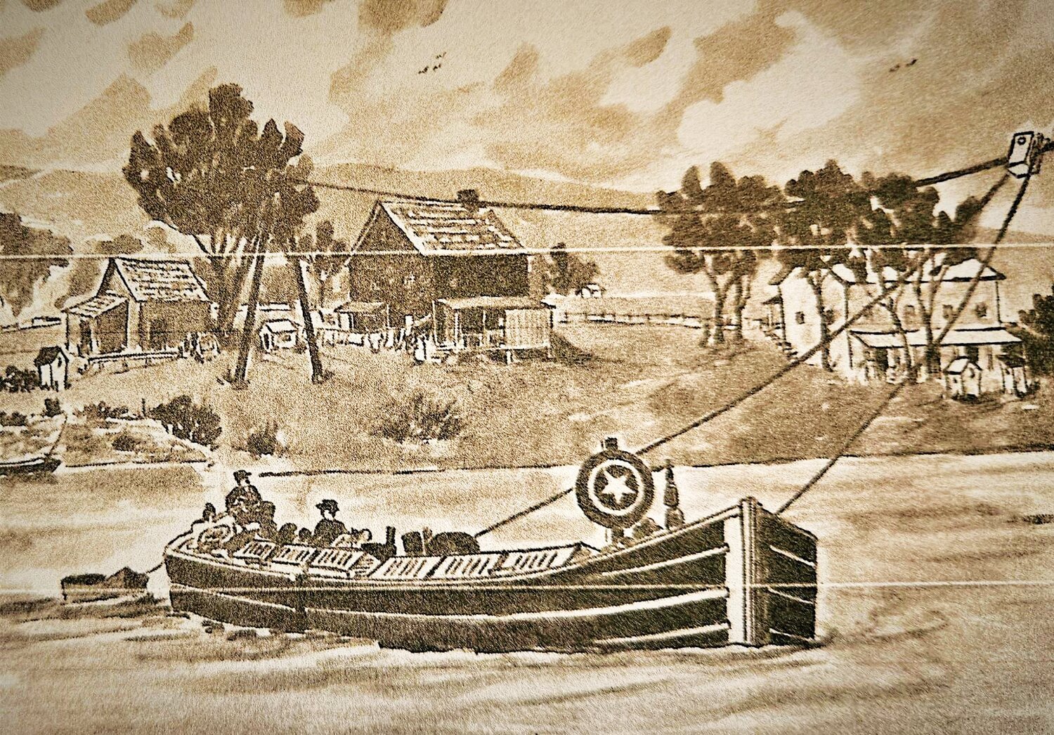 A boat is depicted making its way through the canal in New Hope.
