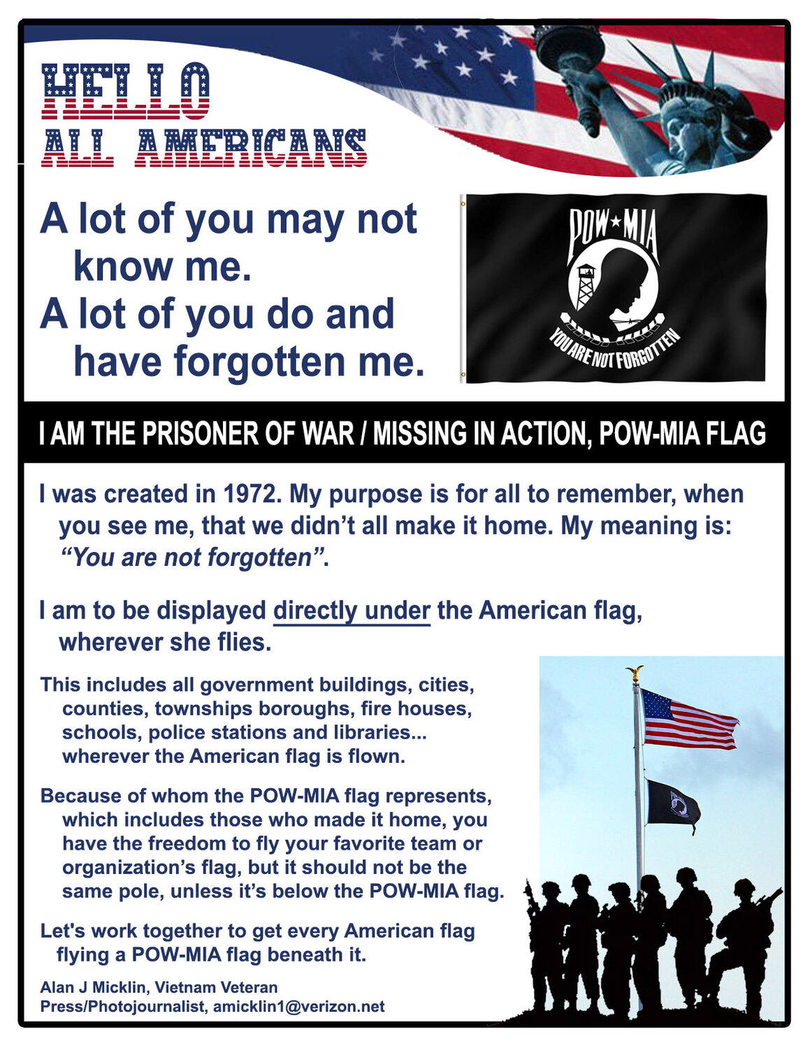 A flyer that Alan Micklin produced to promote his effort to encourage people and organizations to fly the POW-MIA flag wherever the stars and stripes are flown.