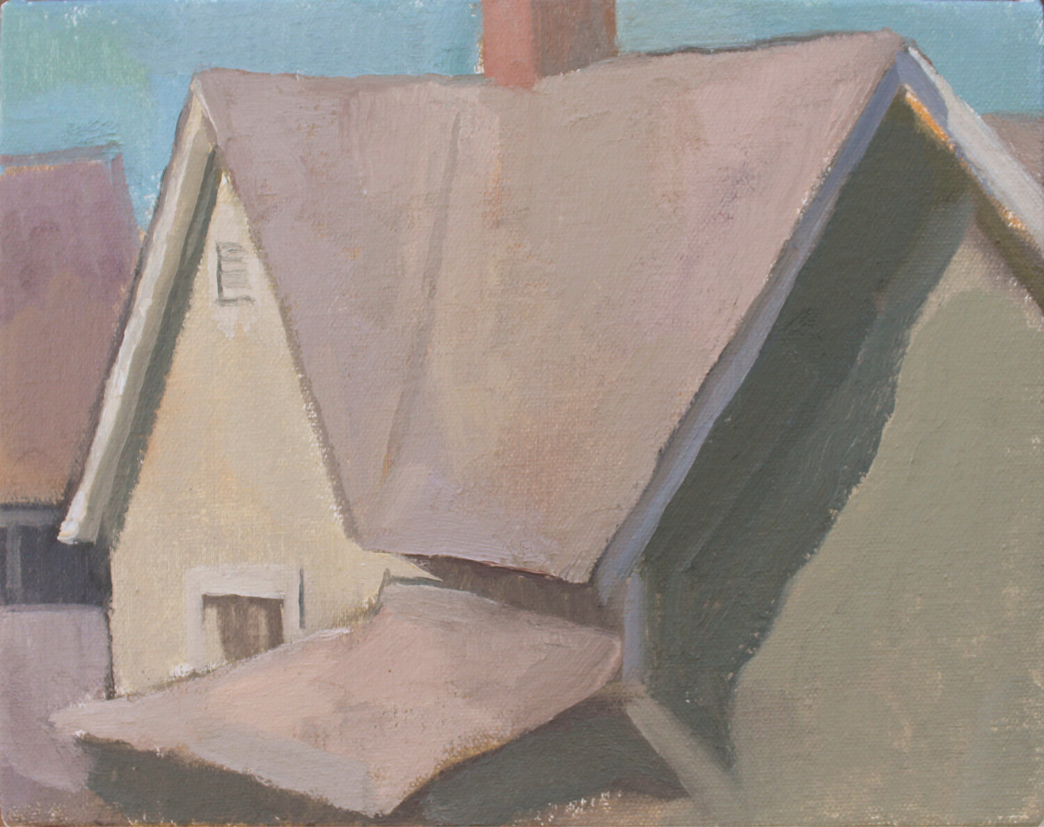 “Cupcake Houses” is an oil on canvas by artist Michelle Farro, part of her contemporary landscape paintings exhibition at Green Building Center in Lambertville, N.J.