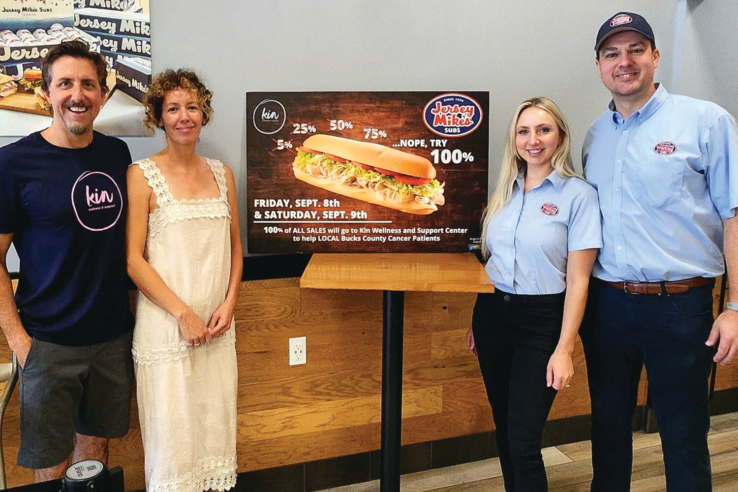 From left are: Keith and Kristina Fenimore, Kin Wellness and Support Center, and Amanda Taibe and Jesse Allen, owners of Jersey Mike’s in Doylestown.