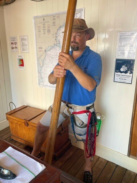Bucks County volunteer Andy Sanborn mans the whipstaff, a stick used by mariners to steer long before the ship’s wheel appeared.
