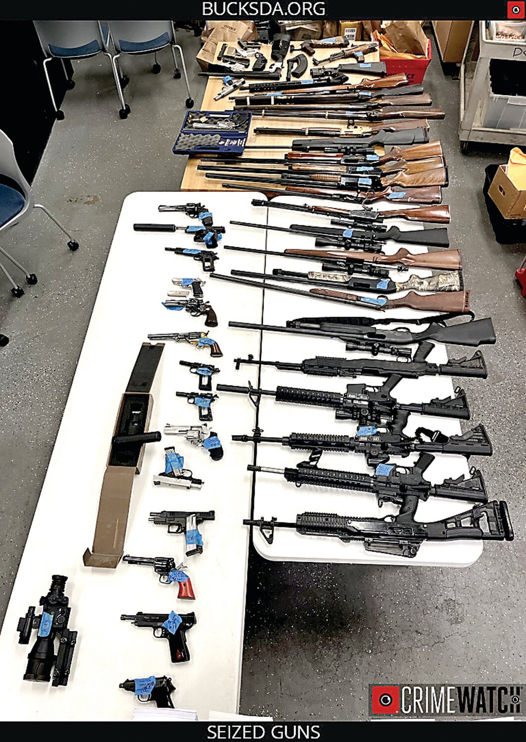 More than 40 firearms, including handguns, shotguns, hunting rifles and assault rifles equipped with suppressors were seized as a result of the investigation into a bi-coastal drug trafficking organization.