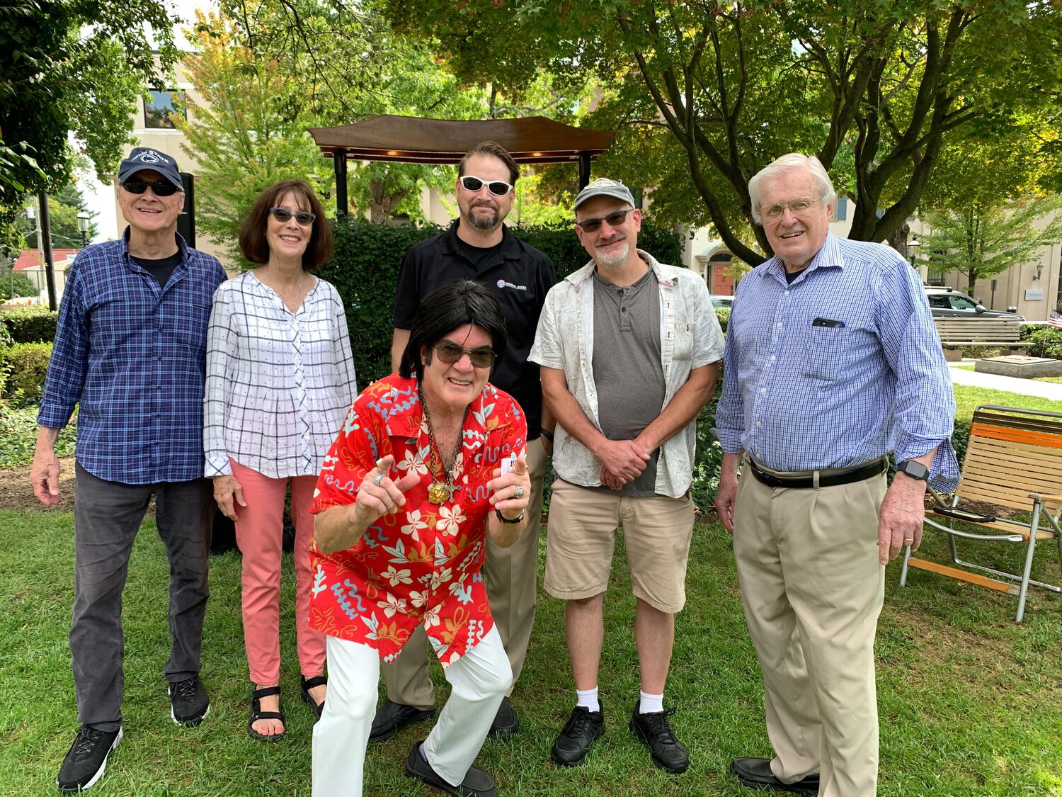 Art D’Angelo, Denise Gealer, Brad Sanders, Tom Brunt and Erik Fleischer, shown here with special guest John Ekey (aka “Elvis Pretzel”), are members of the Central Bucks Chamber of Commerce’s Bucks Fever Brown Bag-it with the Arts committee.