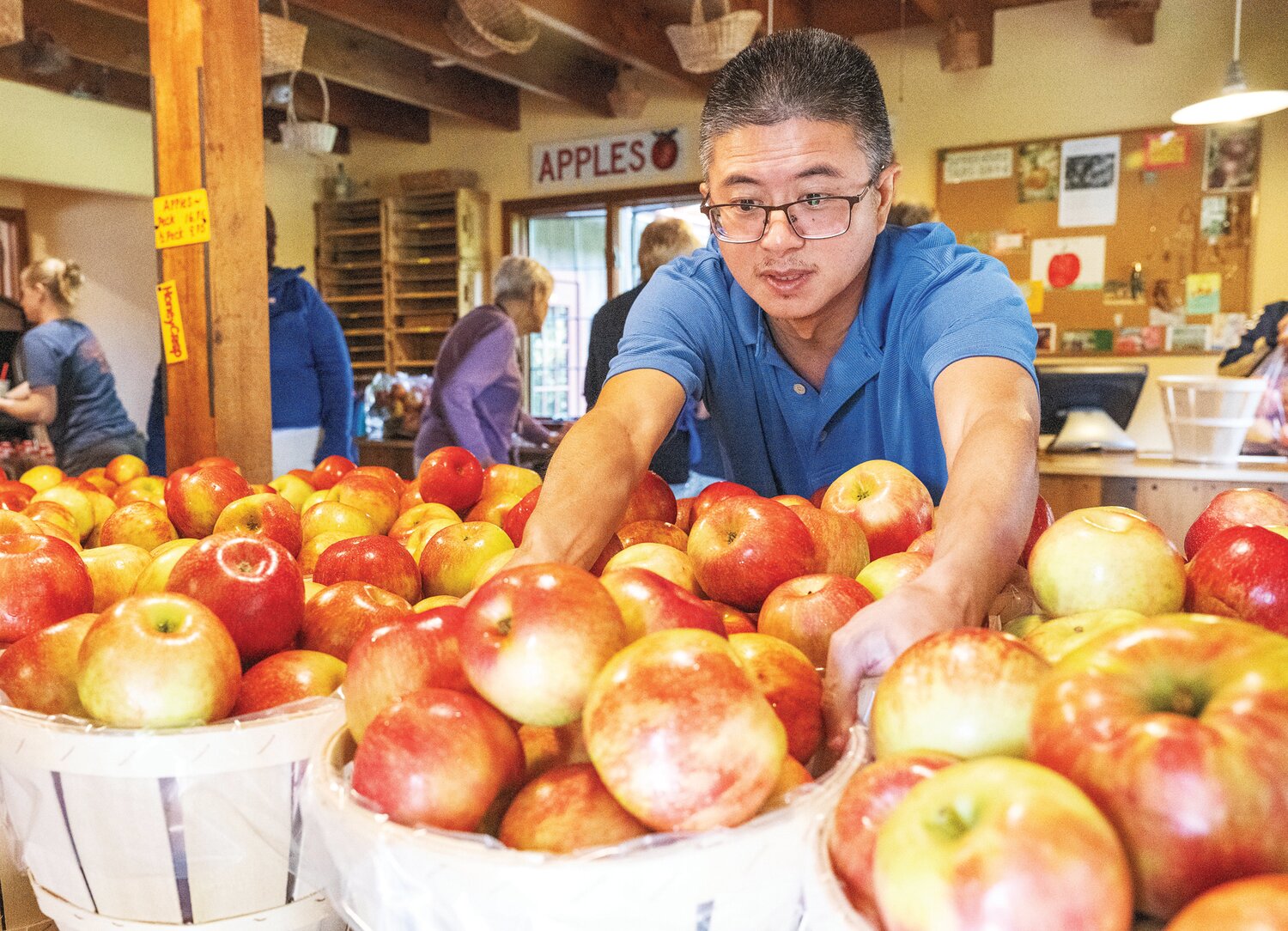 Felix Chen gathers apples to buy at the market in Solebury Orchards Saturday.