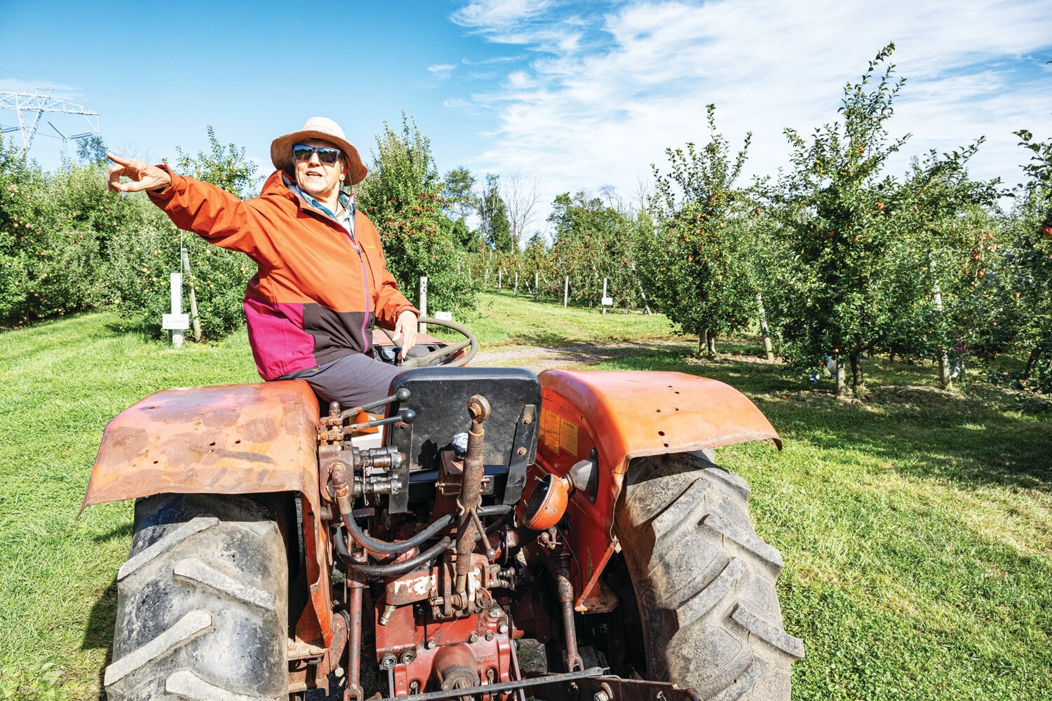 Solebury Orchards employee Kendra Schieber, who was driving a tractor pulling a wagon of families, points out the varieties of honeycrisp apples in the orchards.