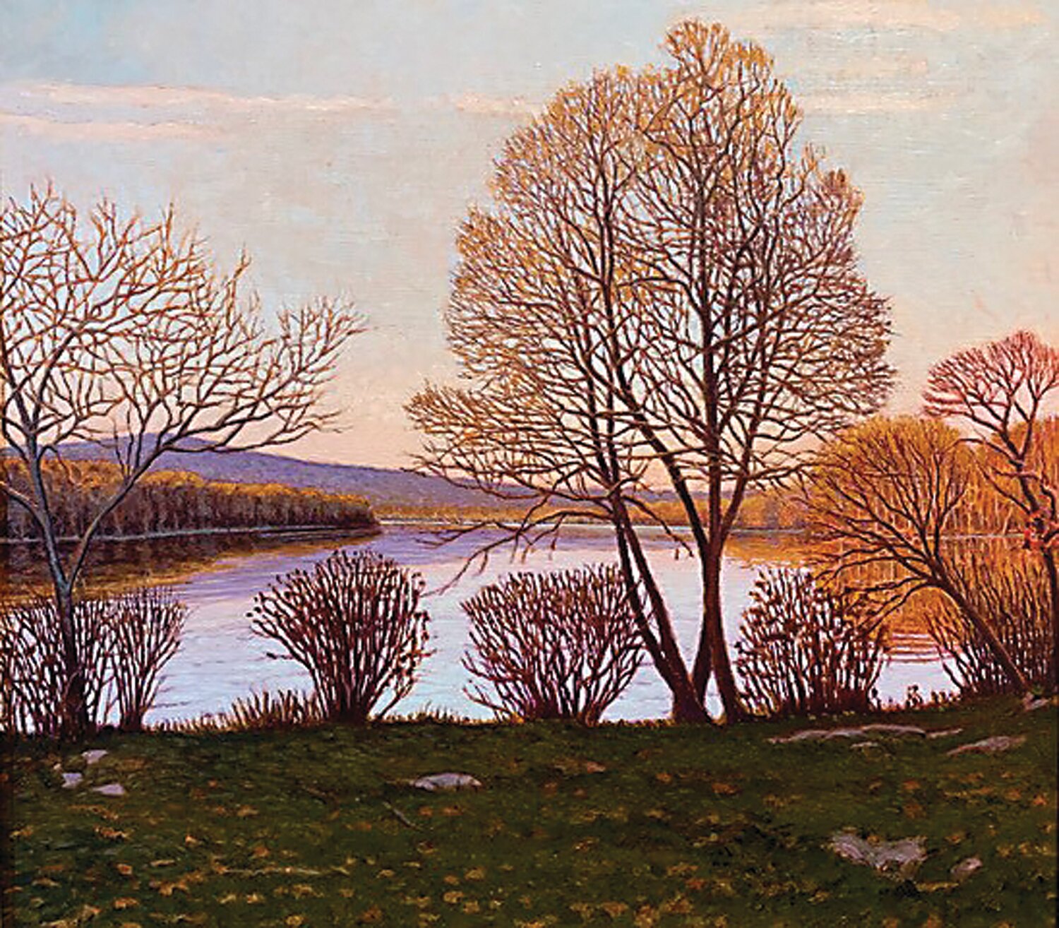 Early Evening Light, Lake Nockamixon, is a 21” x 23” oil painting by Dean F. Thomas.